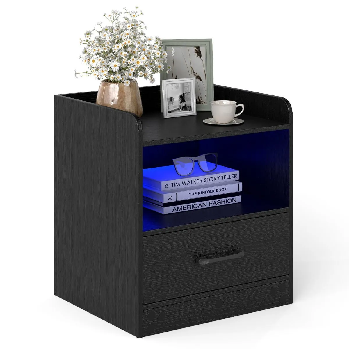 Costway Small Bedside Table Modern Nightstand with Drawer-Black in Black