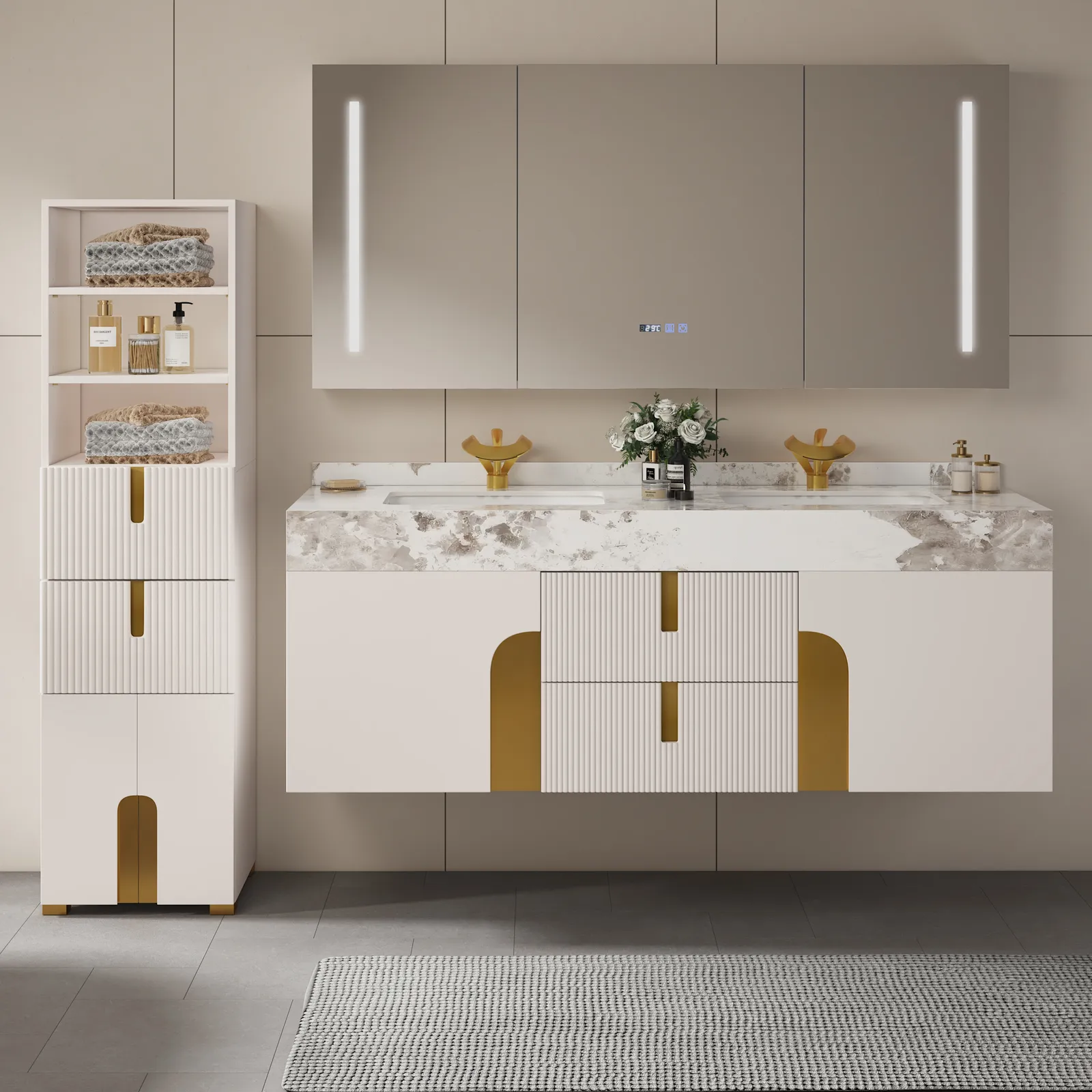 Artis 149cm Tall Bathroom Storage Cabinet & 152cm Wall-Mounted Double Vanity Set