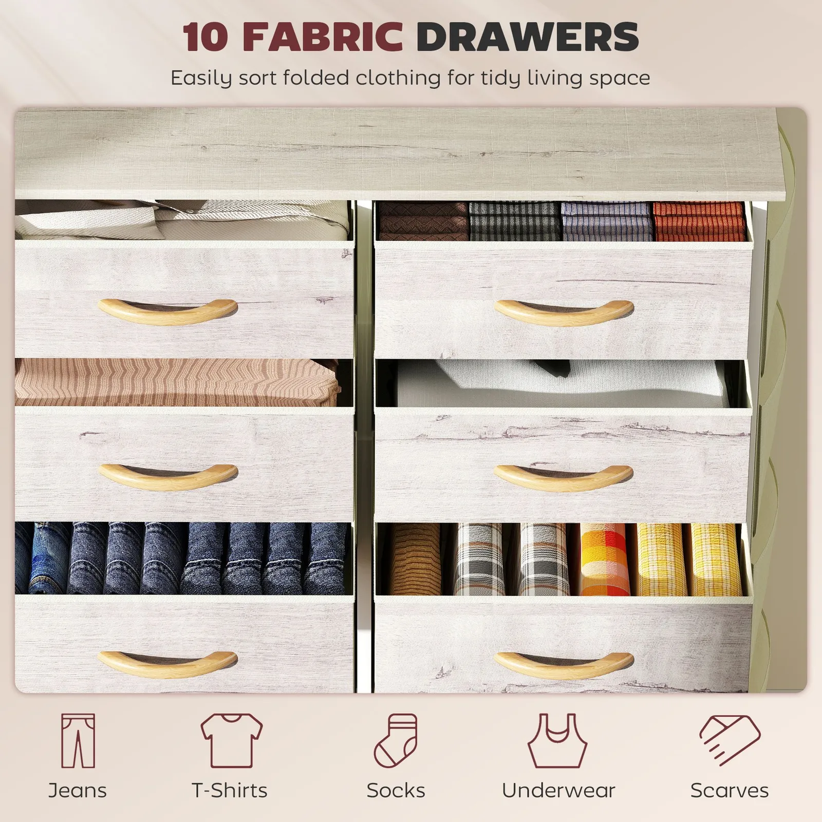 HOMCOM Fabric Chest of Drawers, 10 Drawer Dresser for Bedroom, Natural Wood 4