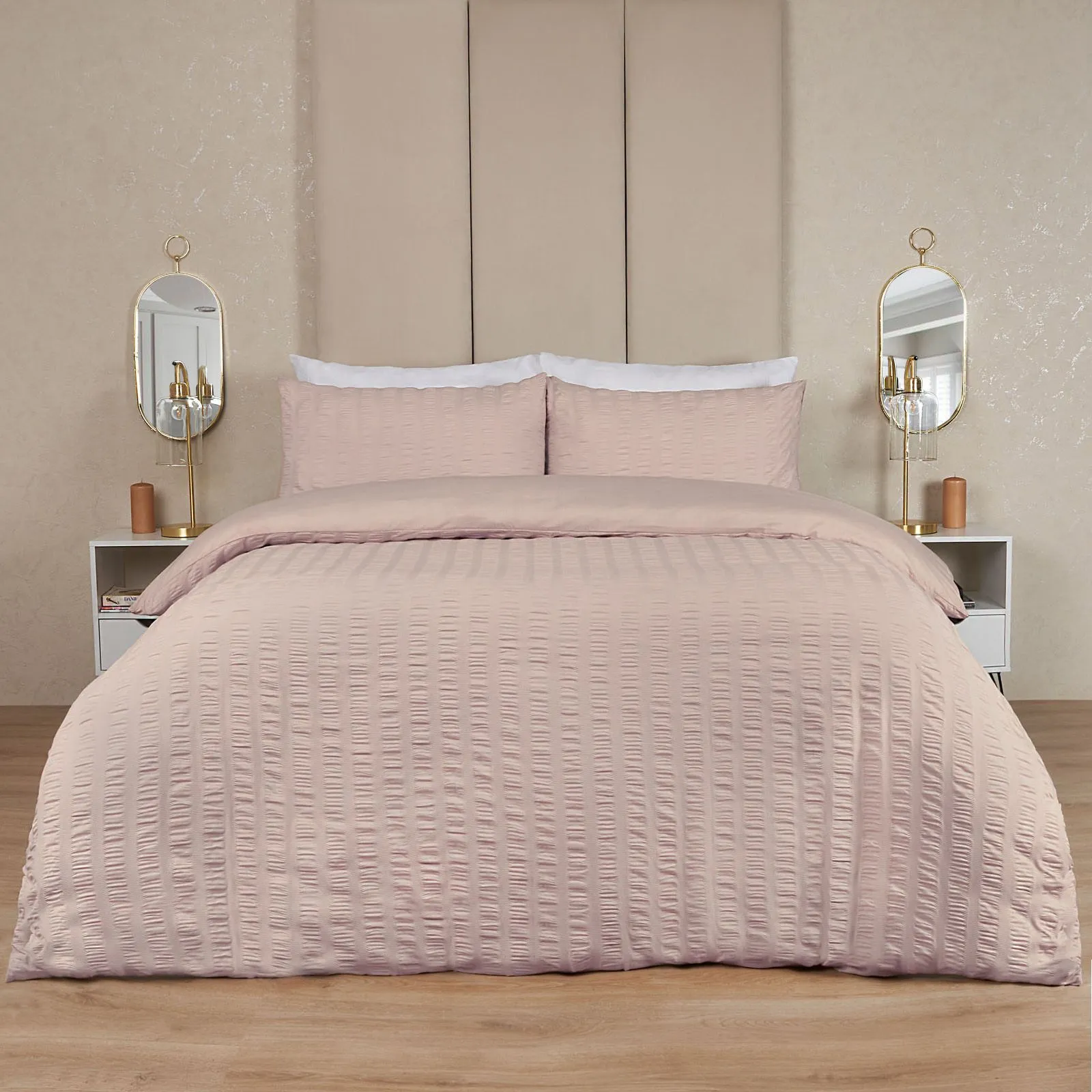 OHS Seersucker Duvet Cover with Pillowcase Bedding in Baby Pink