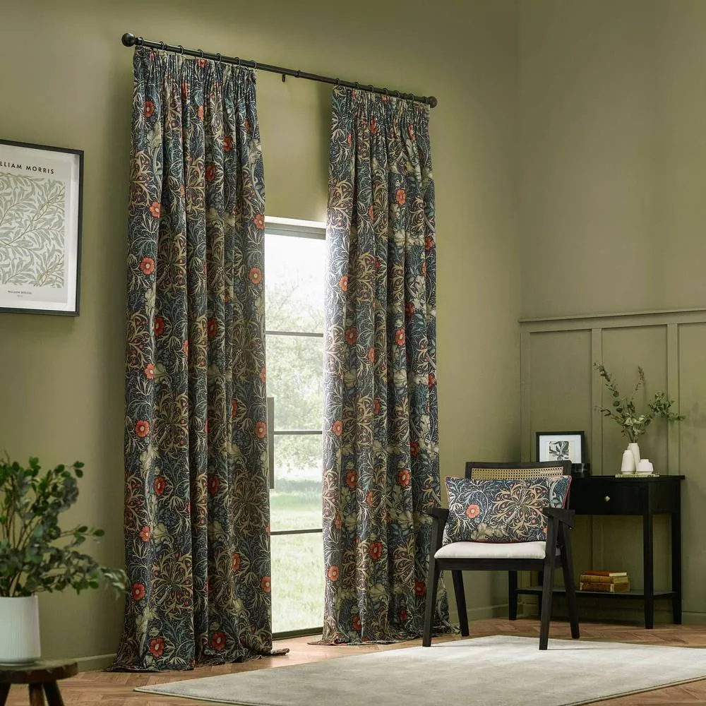 Morris & Co Seaweed Printed Velvet Room Darkening Pencil Pleat Curtains in Indigo 2