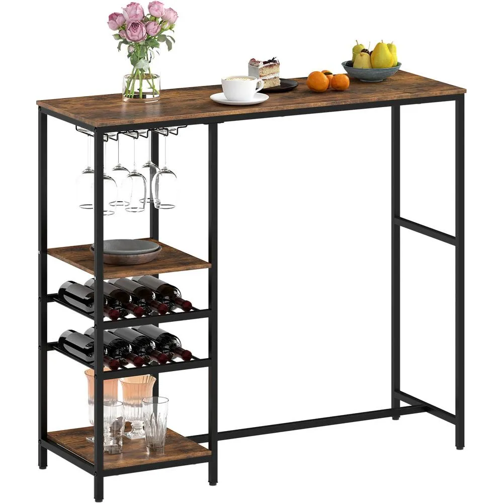 Costway 121cm Long Bar Table Bar Height Dining Table with Storage Shelves in Brown 5