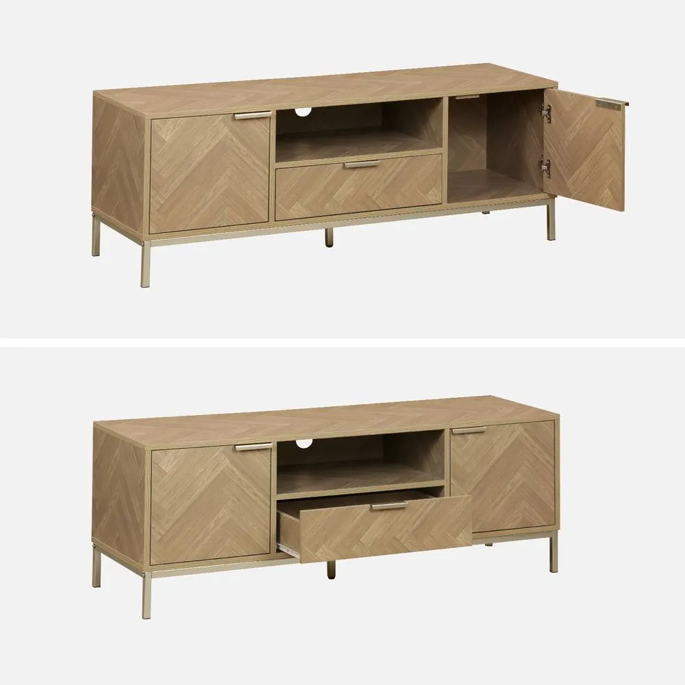 sweeek 120cm Tv Unit 2 Cupboard Herringbone 1 Drawer in Light Brown 4
