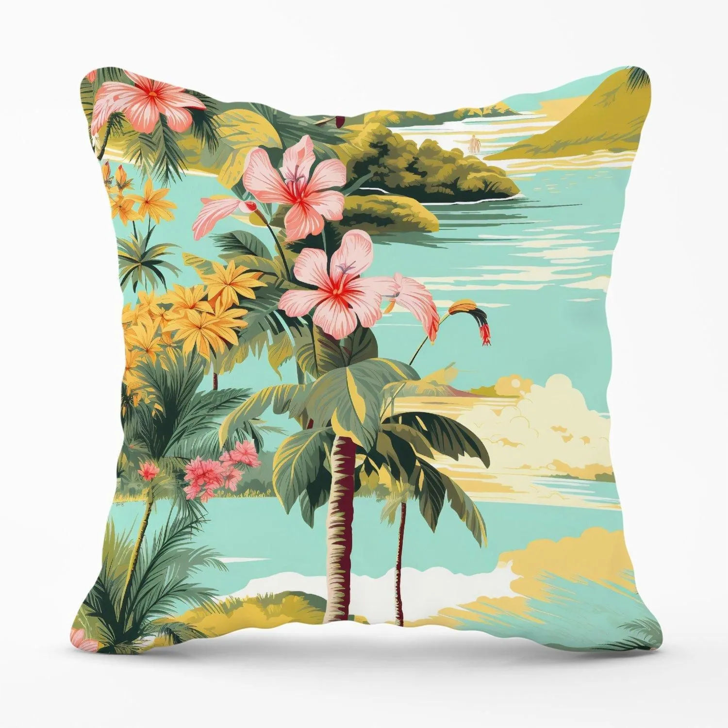 Warren Reed - Designer Palm Trees & Hibiscus Outdoor Cushion in Green