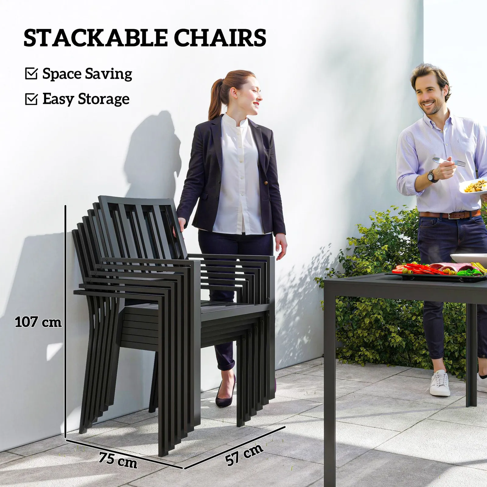 OUTSUNNY 7 PCs Garden Dining Set w/ Stackable Chairs & Metal Top Table in Black 4