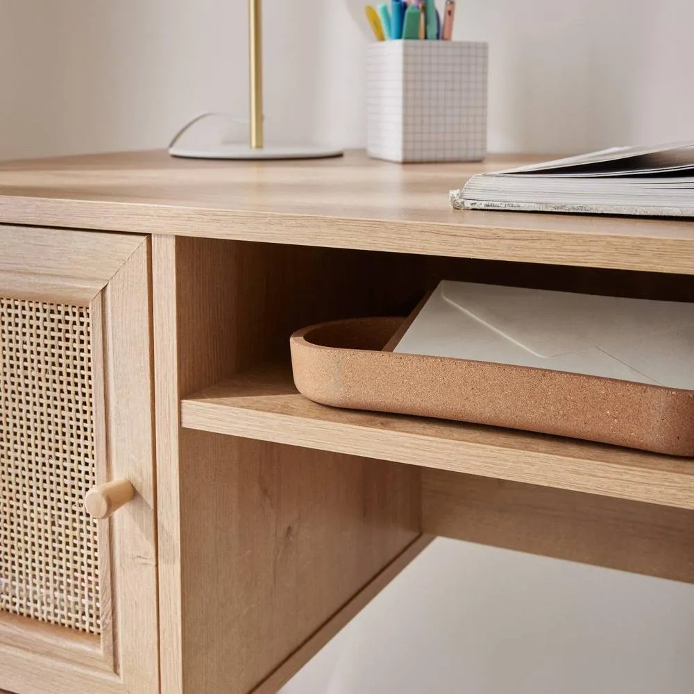 sweeek 2-door Desk With Wood & Cane Effect in Light Brown 3