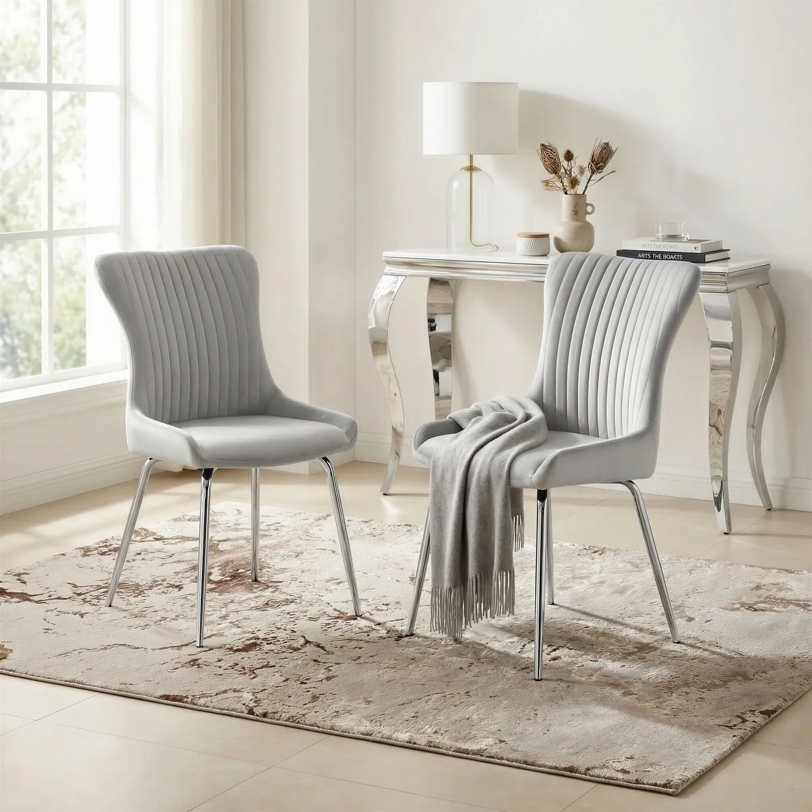 FurnitureboxUK Set of 2 Nora Deep Padded Luxurious Dining Chairs Upholstered In Soft Velvet With Chrome Legs in Light Grey 1