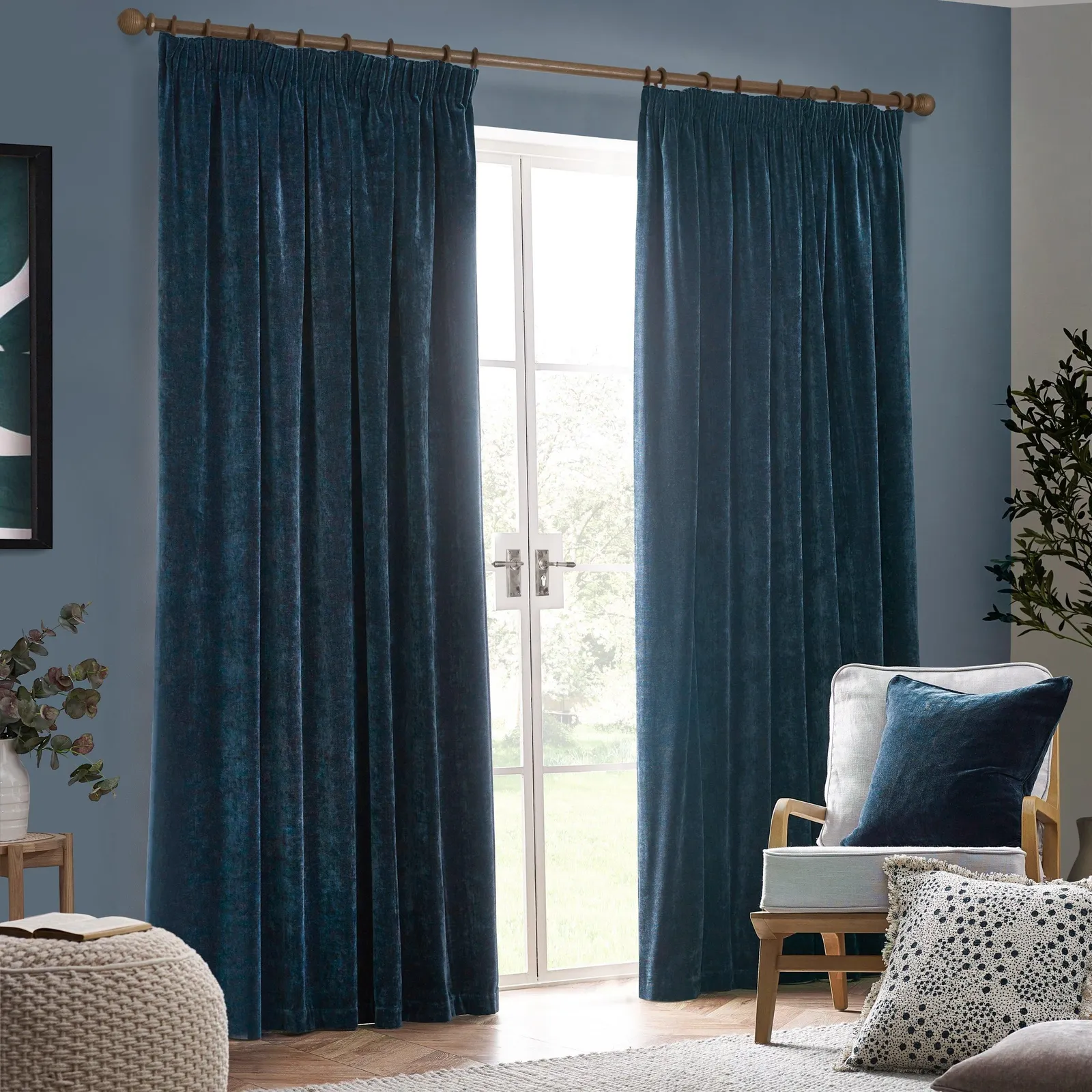 Yard Heavy Chenille Velvet Room Darkening Pencil Pleat Curtain Pair in Navy 2