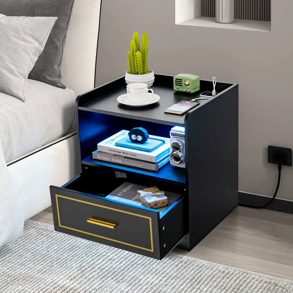 Costway LED Nightstand Smart Bedside Table Cabinet Side End Table Storage Living Room in Black 4