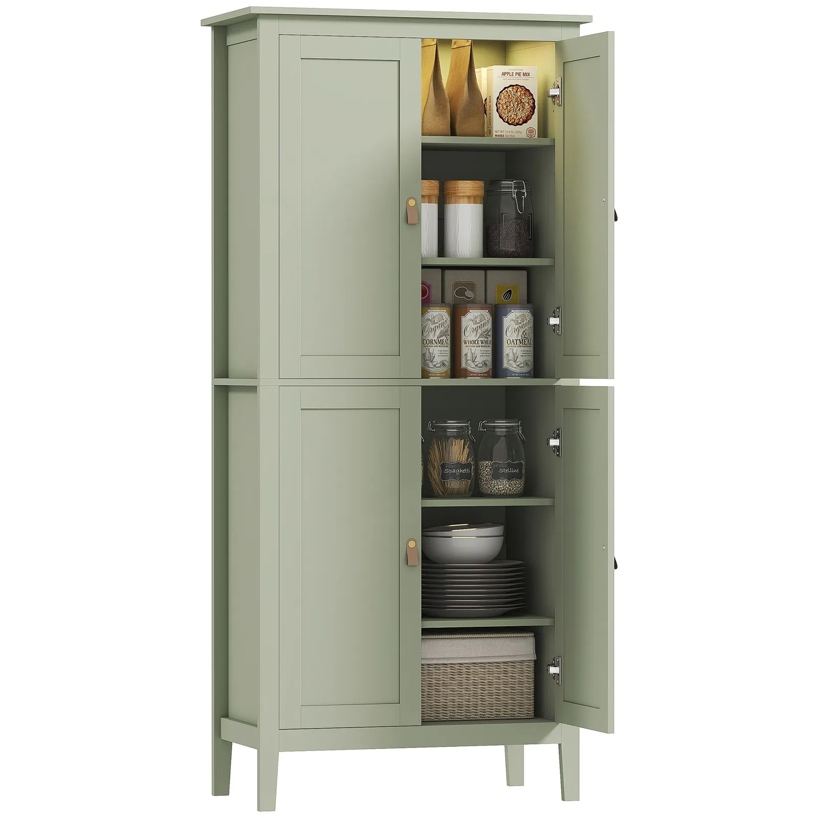 HOMCOM 176.5 cm Tall Freestanding Pantry Storage Cabinet with 4 Doors in Green 2