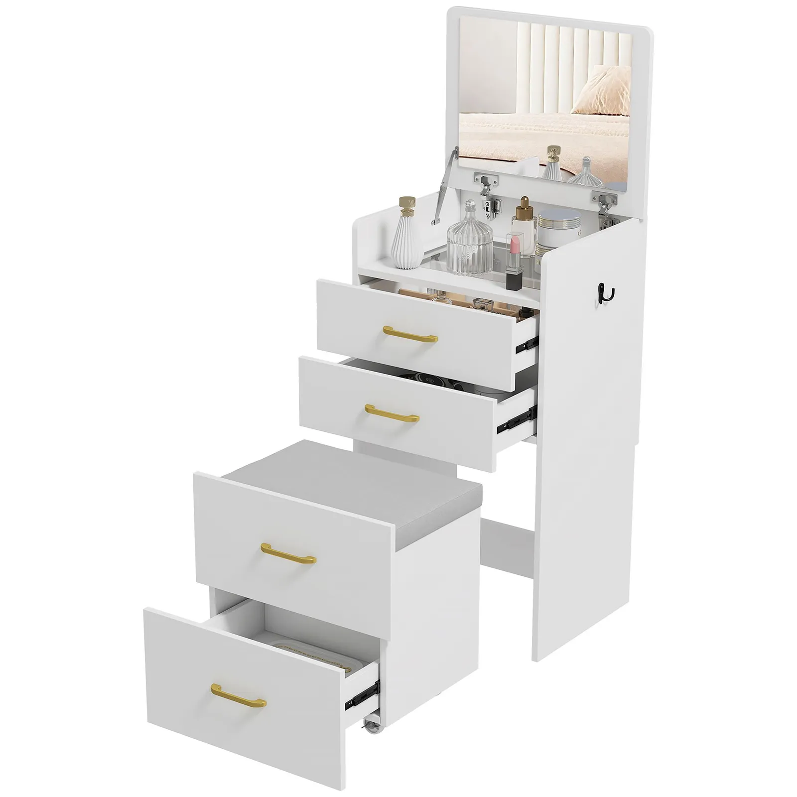 HOMCOM Two-Piece Dressing Table Vanity Desk with Mirror & Cushioned Stool in White 2