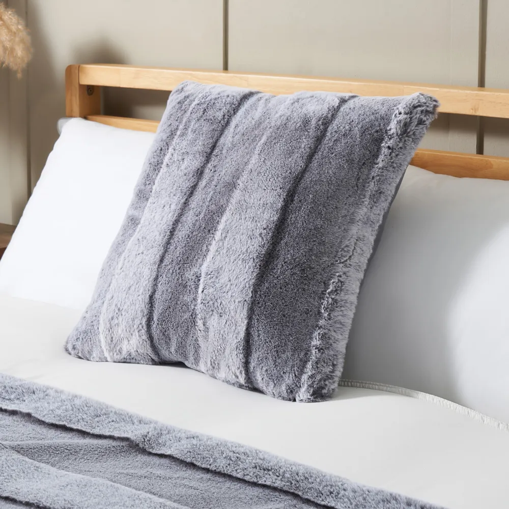 Faux Fur Stripe Cut Cushion, Grey 1