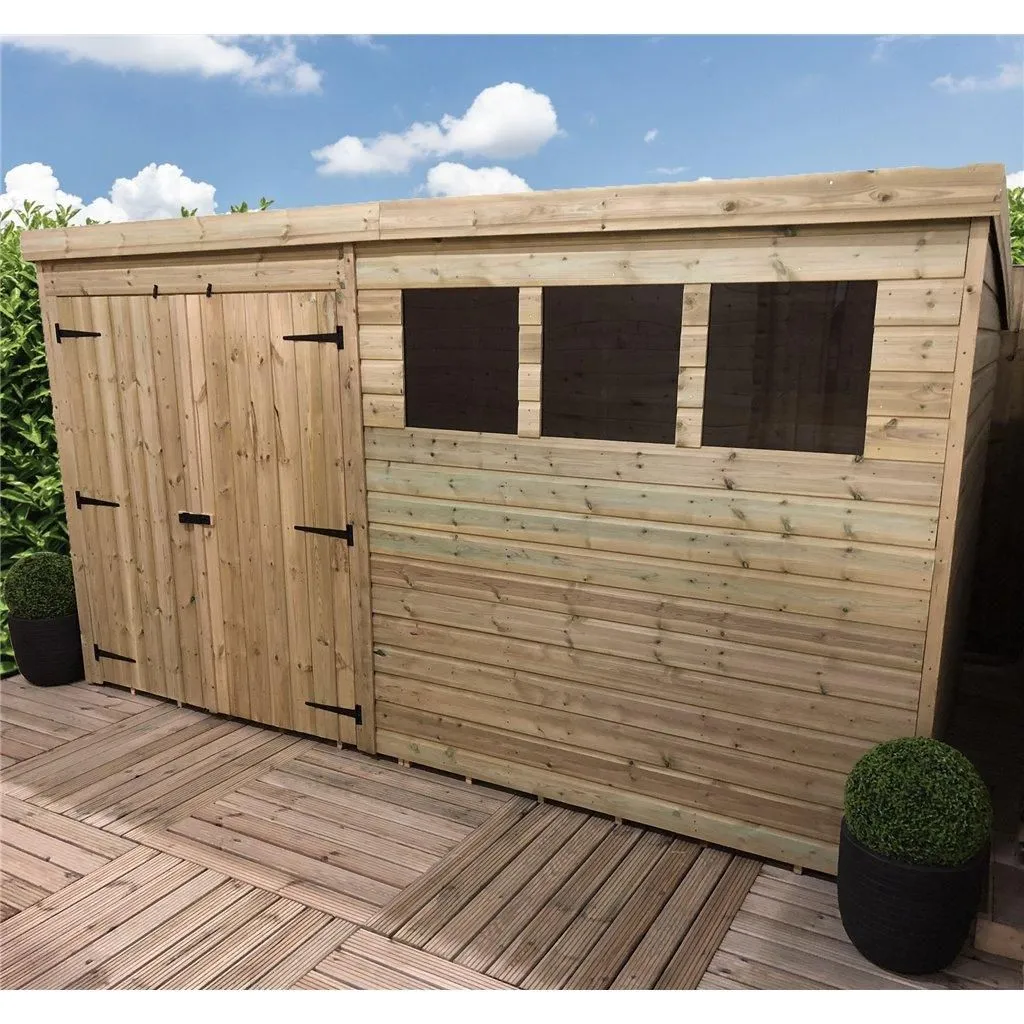 Marlborough 12 x 4 Pressure Treated Pent Garden Shed with Double Doors in Natural 2
