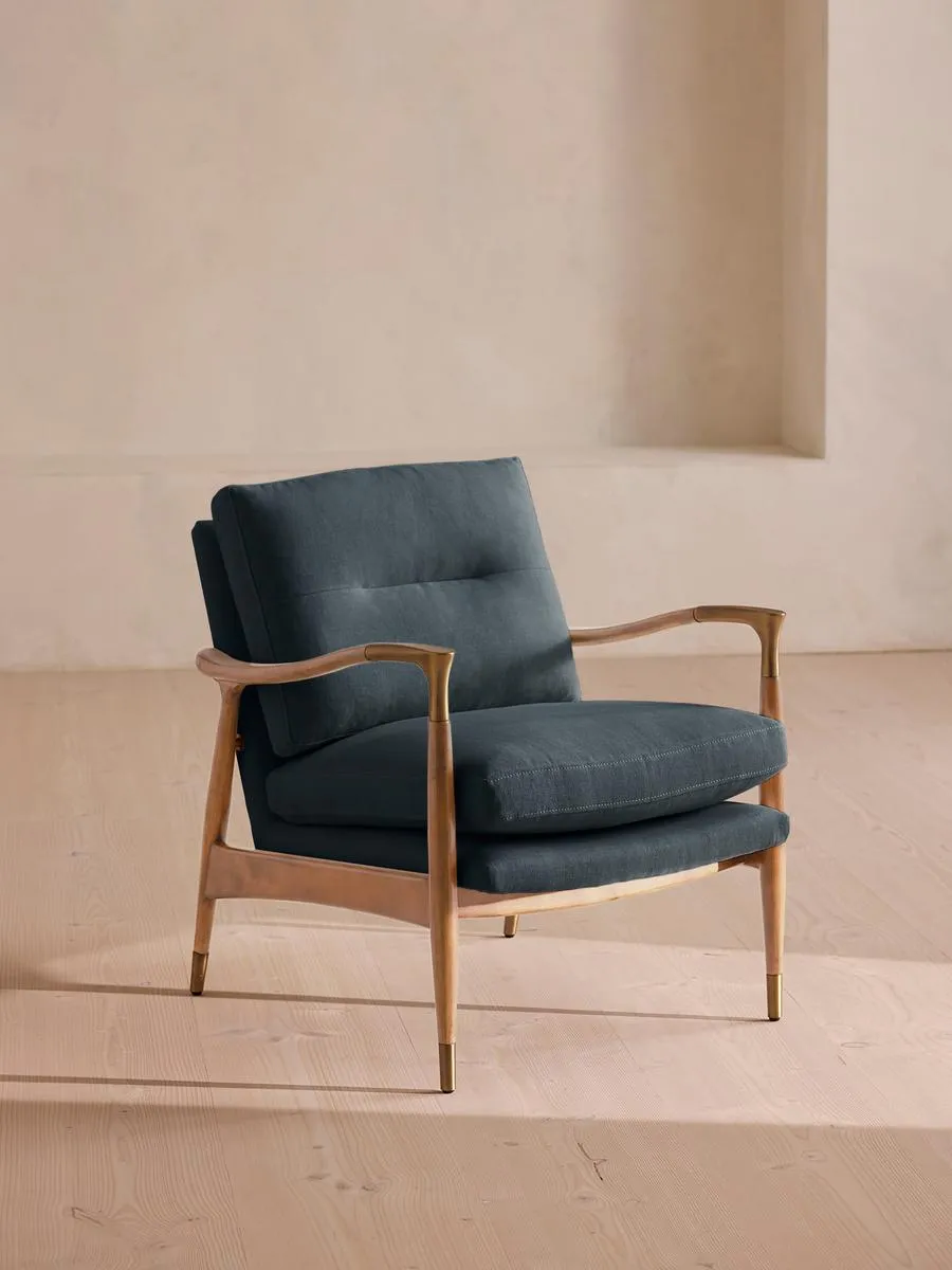 Theodore Oak Armchair, Linen, Prussian Blue