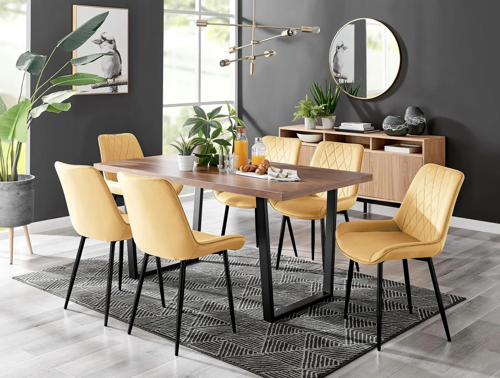 FurnitureboxUK Kylo Large Brown Wood Effect Dining Table & 6 Pesaro Velvet Black Leg Chairs in Mustard 1