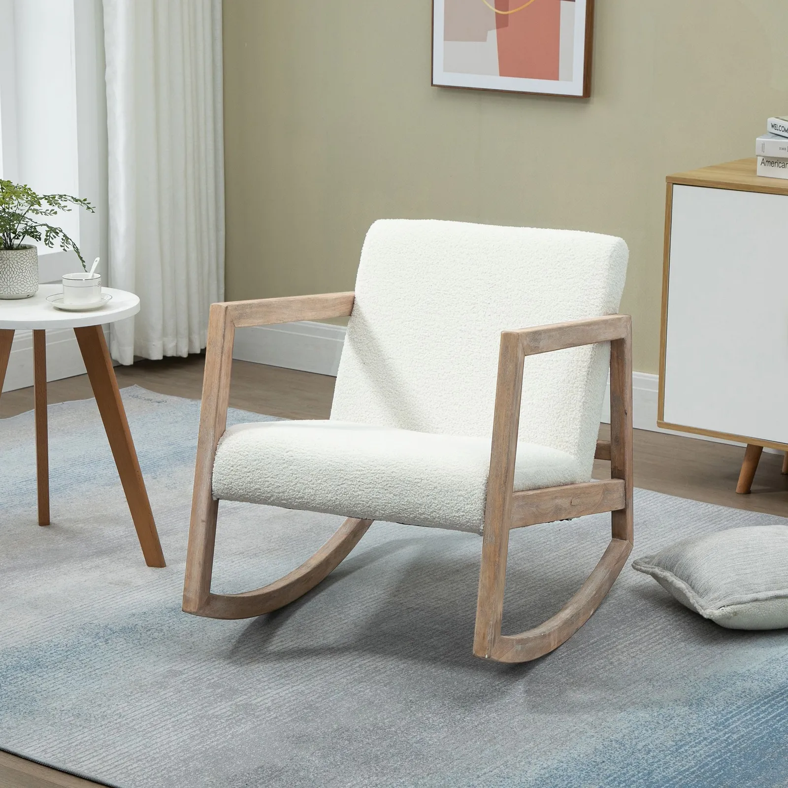 HOMCOM Rocking Chair Upholstered Armchair Wooden Accent Chair Cream 2