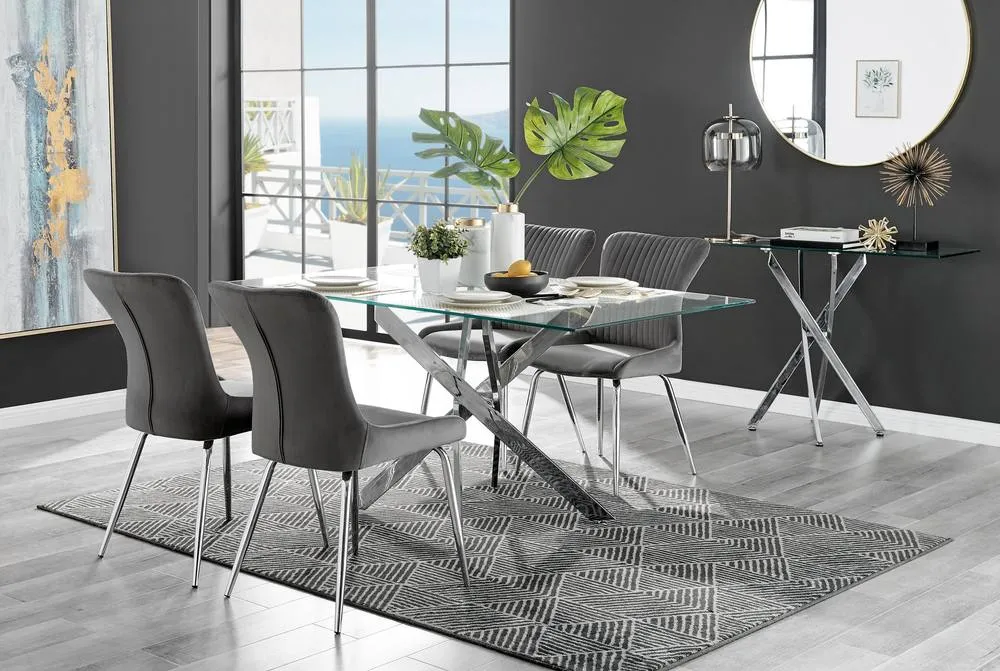 FurnitureboxUK Leonardo 4 Table & 4 Dark Grey Nora Silver Leg Chairs