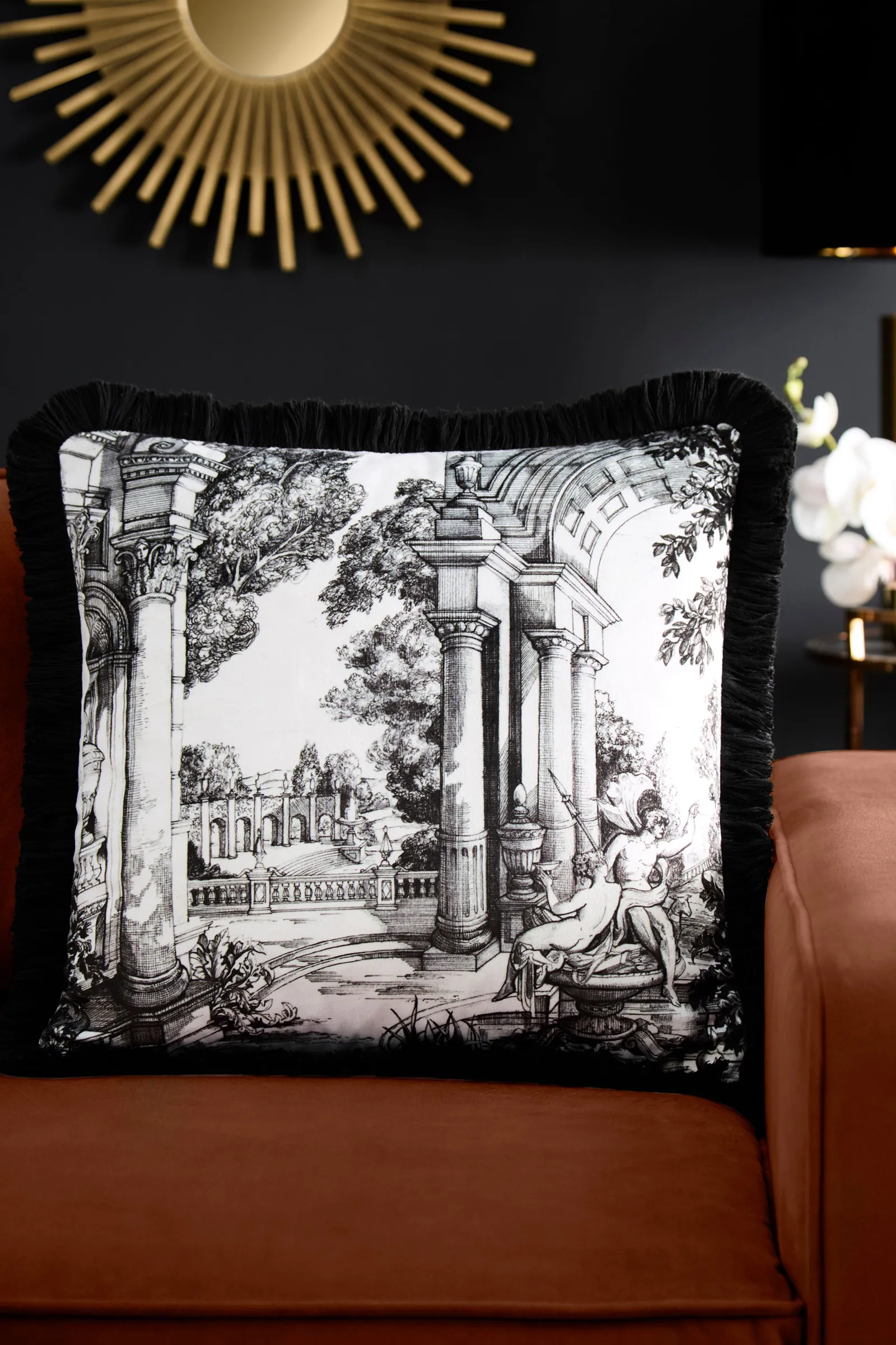 Laurence Llewelyn-Bowen 'Vista' Hand Drawn Print Velvet Filled Cushion in Grey