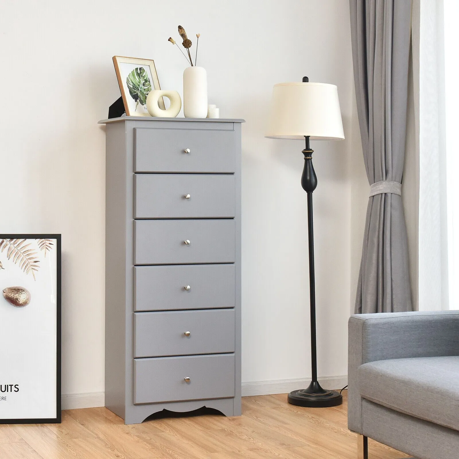 Costway Chest of Drawers Free Standing 6 Drawers Wooden Storage Cabinet W/ Metal Handles in Grey 2