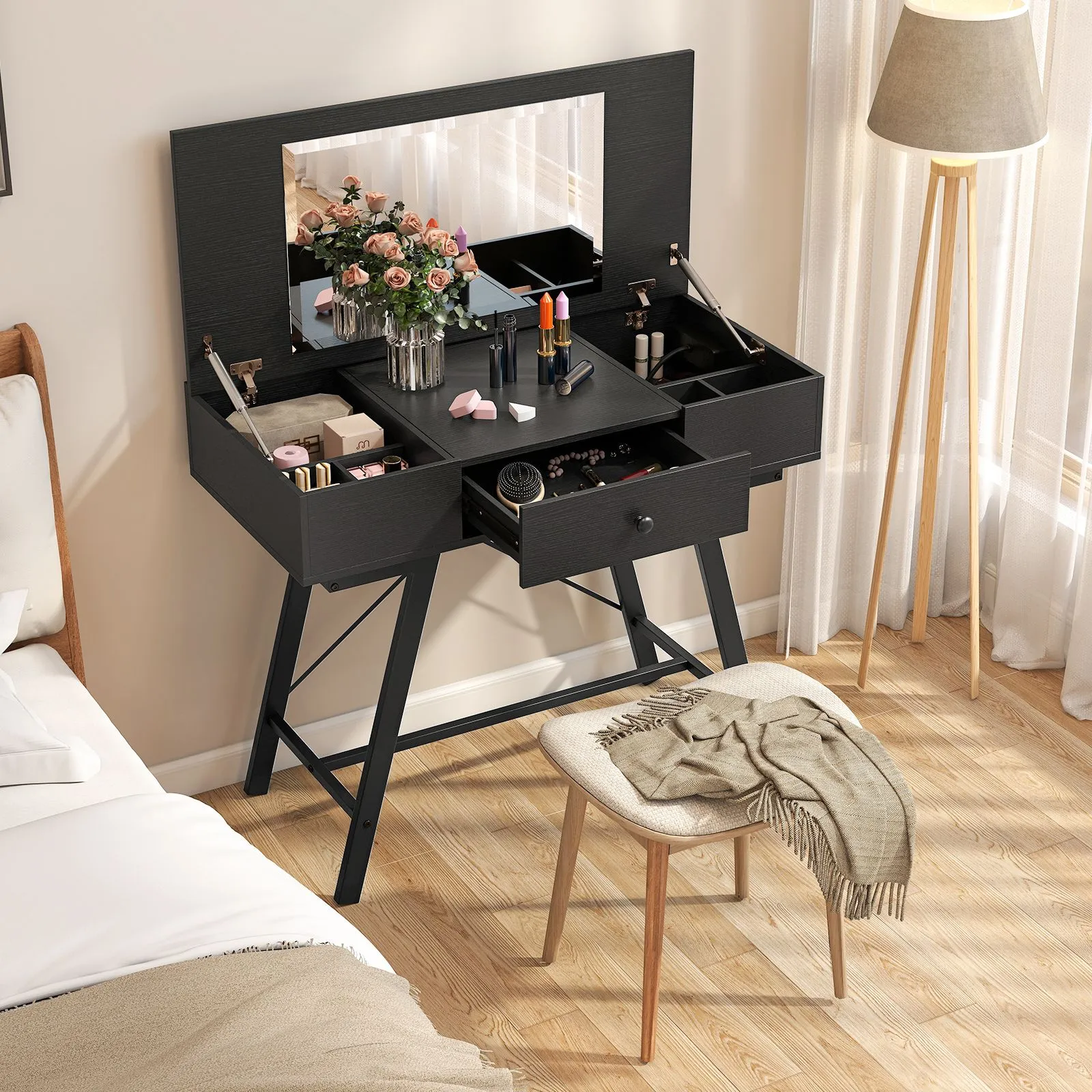 Costway Vanity Desk Flip Top Vanity Table with Mirror in Black 3