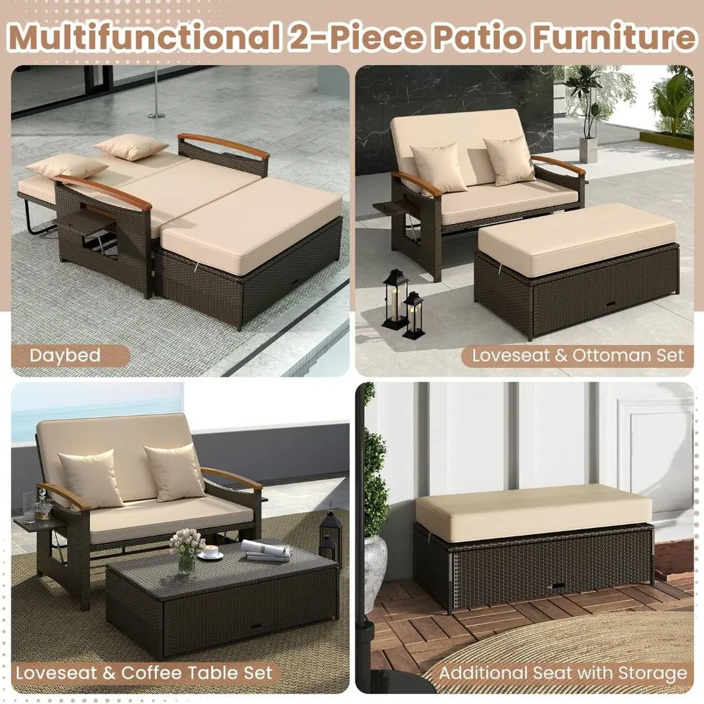 Costway Garden Rattan Daybed Patio Double Wicker Chaise Sun Lounger w/Cushion in Brown 4