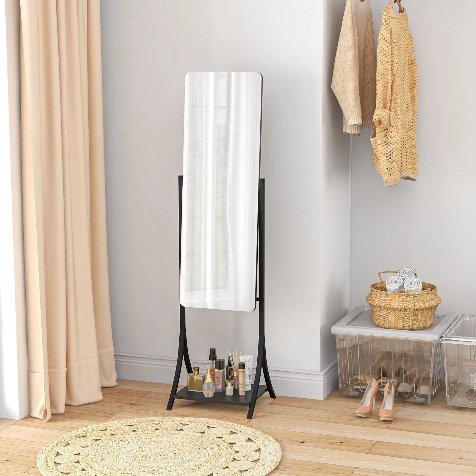 HOMCOM Freestanding Full Length Mirror Adjustable Full Body Mirror with Shelf in Black