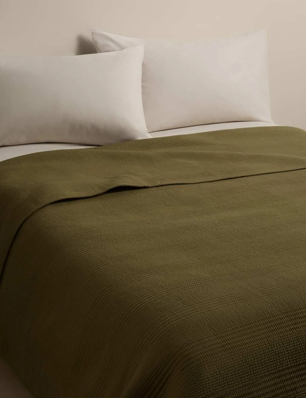 M&S Cotton Rich Ribbed Bedspread with Linen Moss