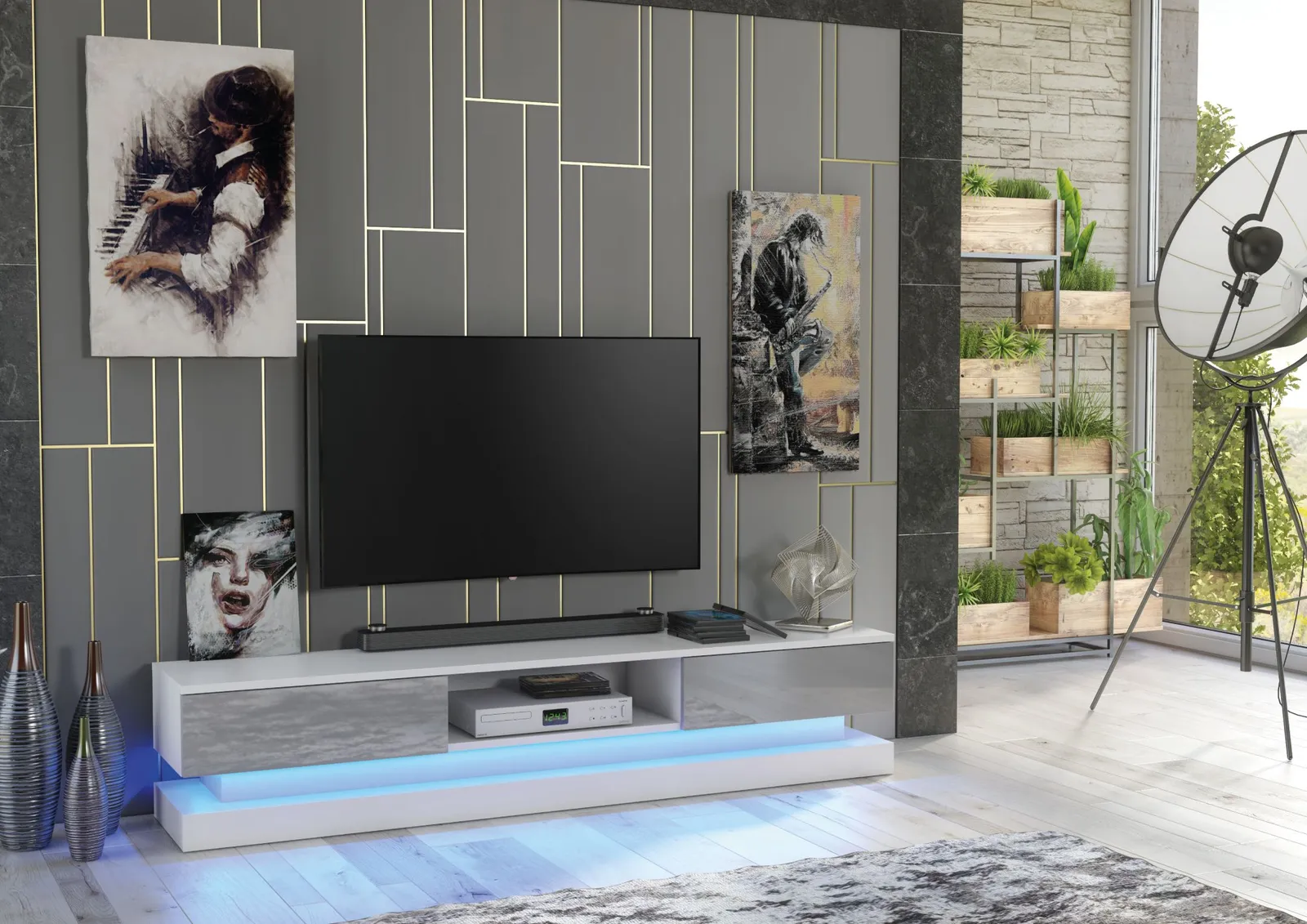 Creative Furniture Bloom TV Unit 180cm - A Functional & Contemporary Cabinet with Gloss Doors & LED Lights in Grey 6