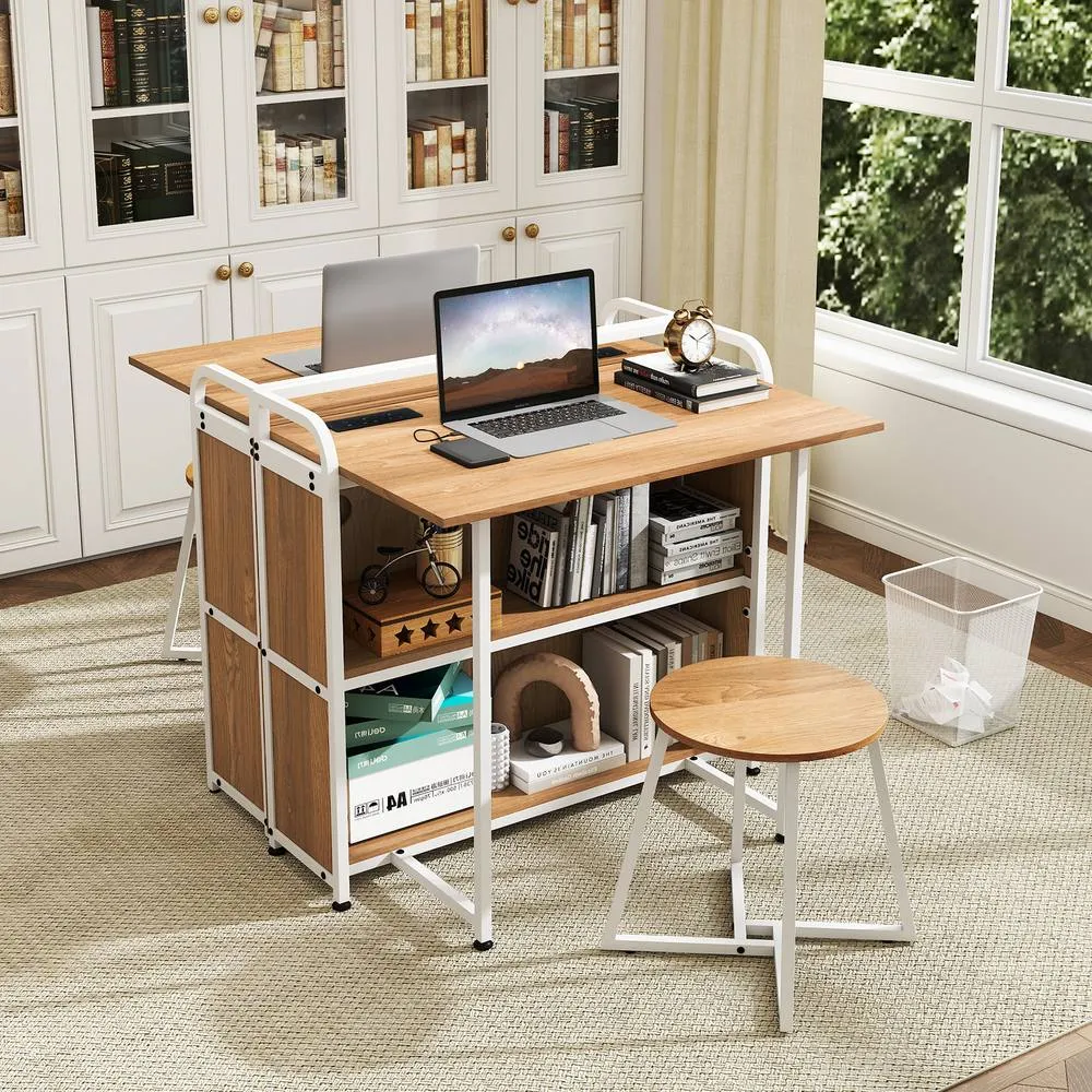 Costway Folding Table w/ Stool 90 cm Computer Desk Set w/ AC Outlets in Natural 5
