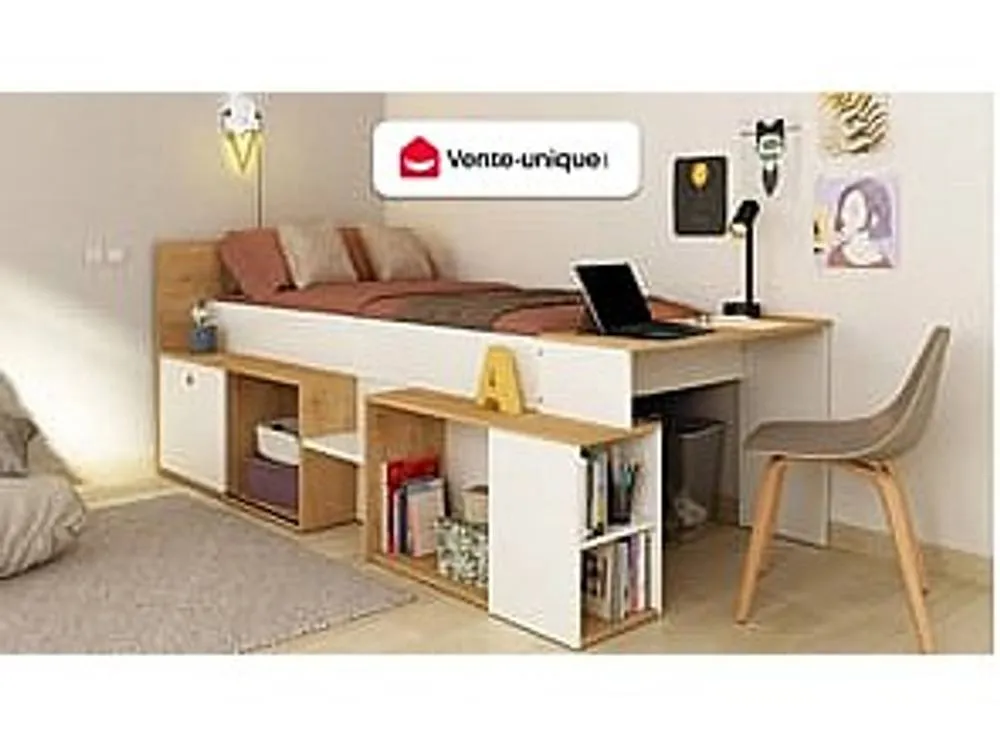 Vente-unique Combined Bed 90 X 200 Cm With Desk & Storage - White & Natural + in Light Oak 4