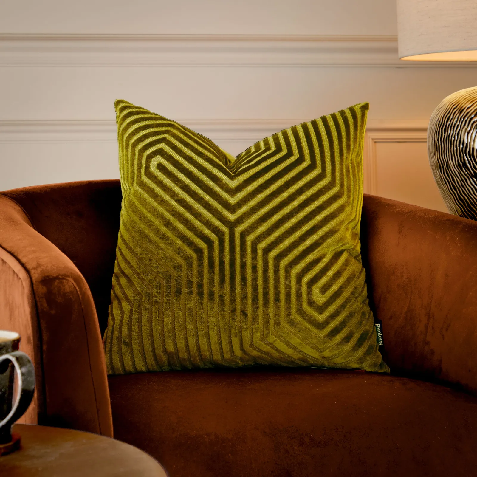 Paoletti Evoke Cut Velvet Cushion in Olive 1