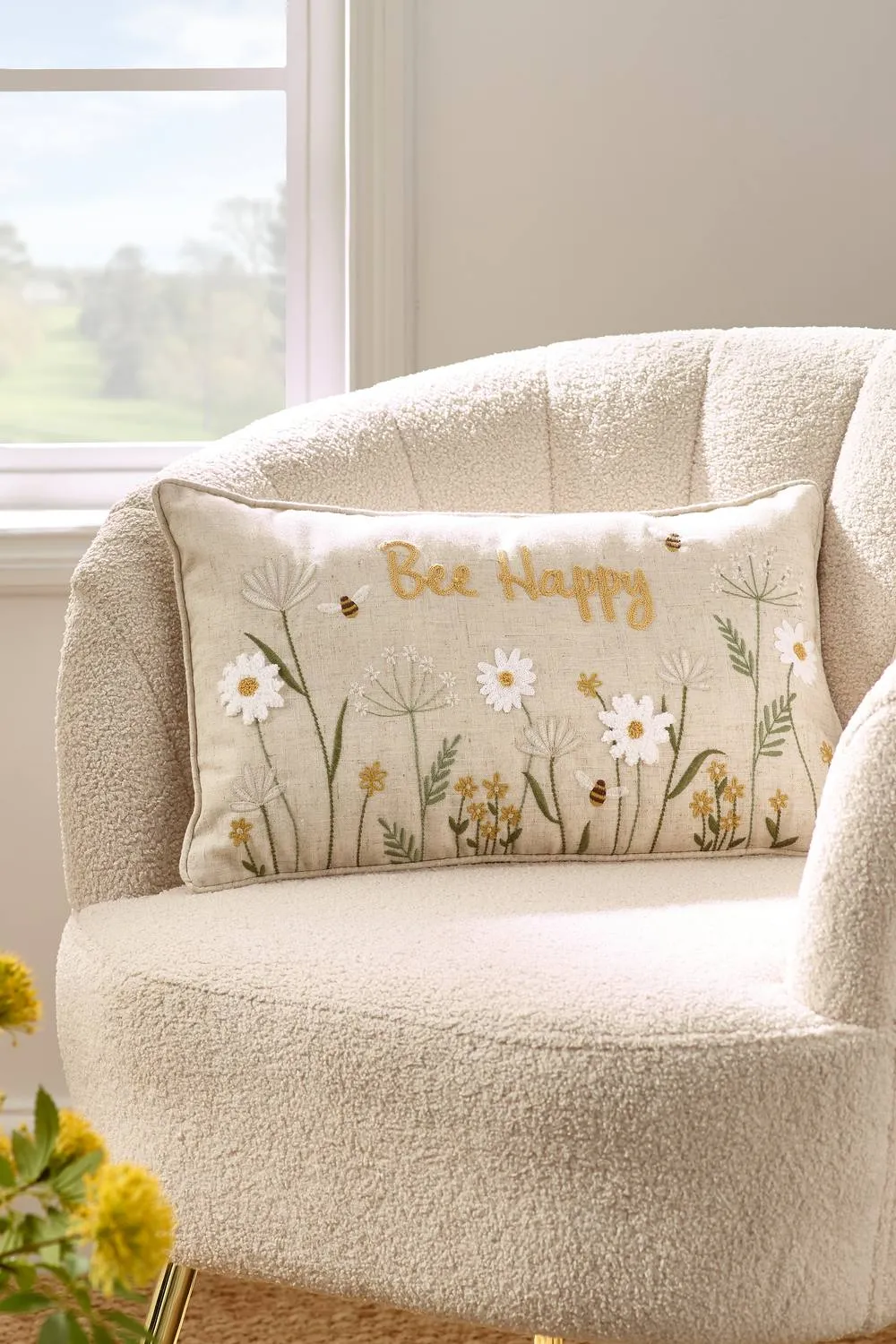 Catherine Lansfield 'Bee Happy' Embroidered Cushion in Natural