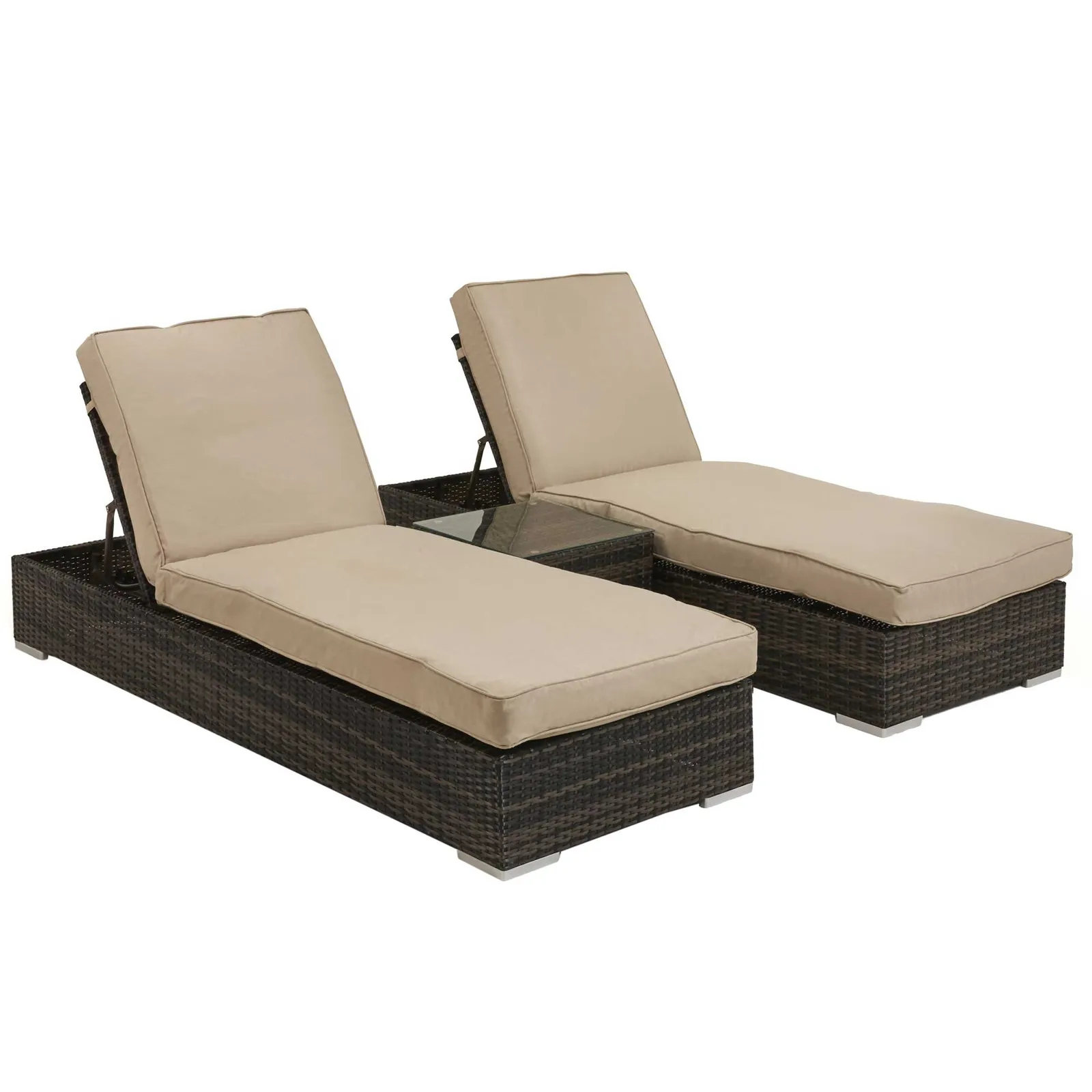 Ingrid Garden Sun Lounger Set in Brown Weave and Beige Fabric
