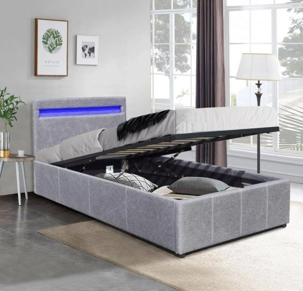 Comfy Living Ltd Fabric Modern Gas Lift Ottoman Bed Frame With LED in Light Grey 1