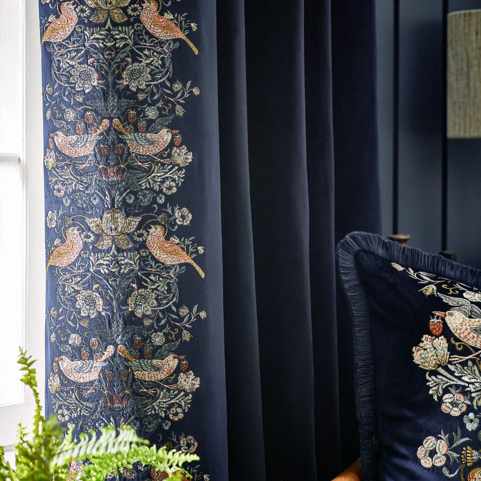 Morris & Co Strawberry Thief Embroidered Velvet Room Darkening Pencil Pleat Curtain Pair in Indigo 4