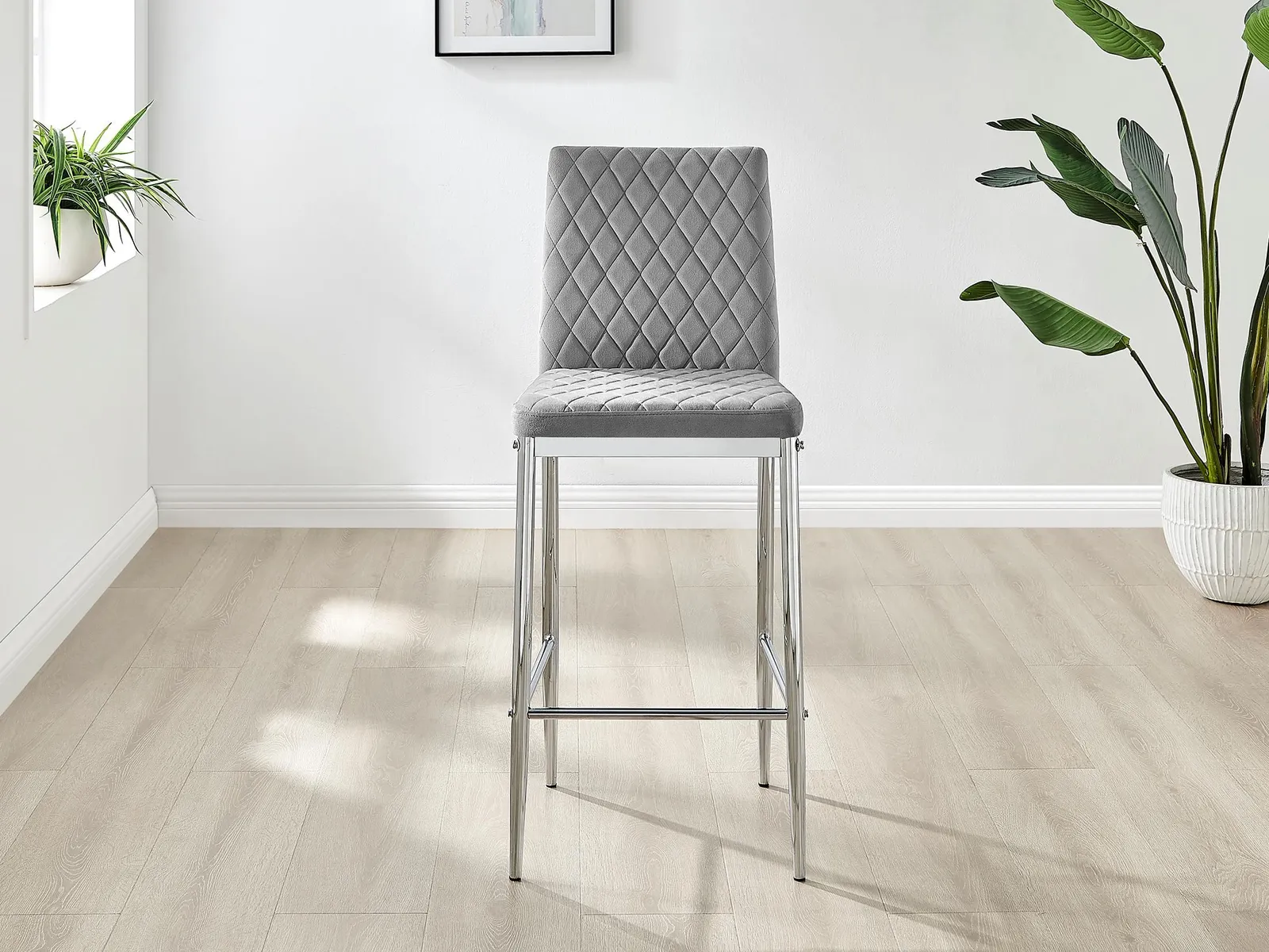 FurnitureboxUK Set of 2 Milan Soft Touch Hatched Velvet Padded Counter Stools With Silver Chrome Metal Legs in Grey 3