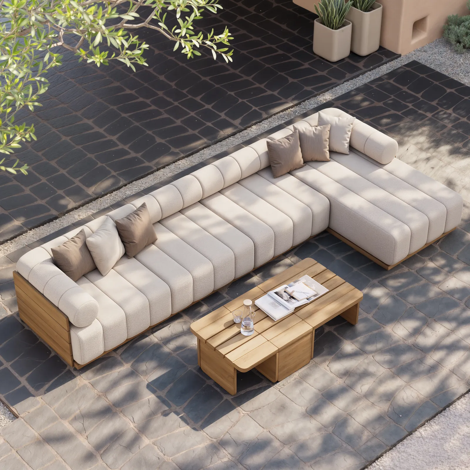 Resaro 7 PCS Modular Patio Outdoor Sectional Sofa Set Teak Exterior Furniture for 5 Person in White Cushion & Pillow Included