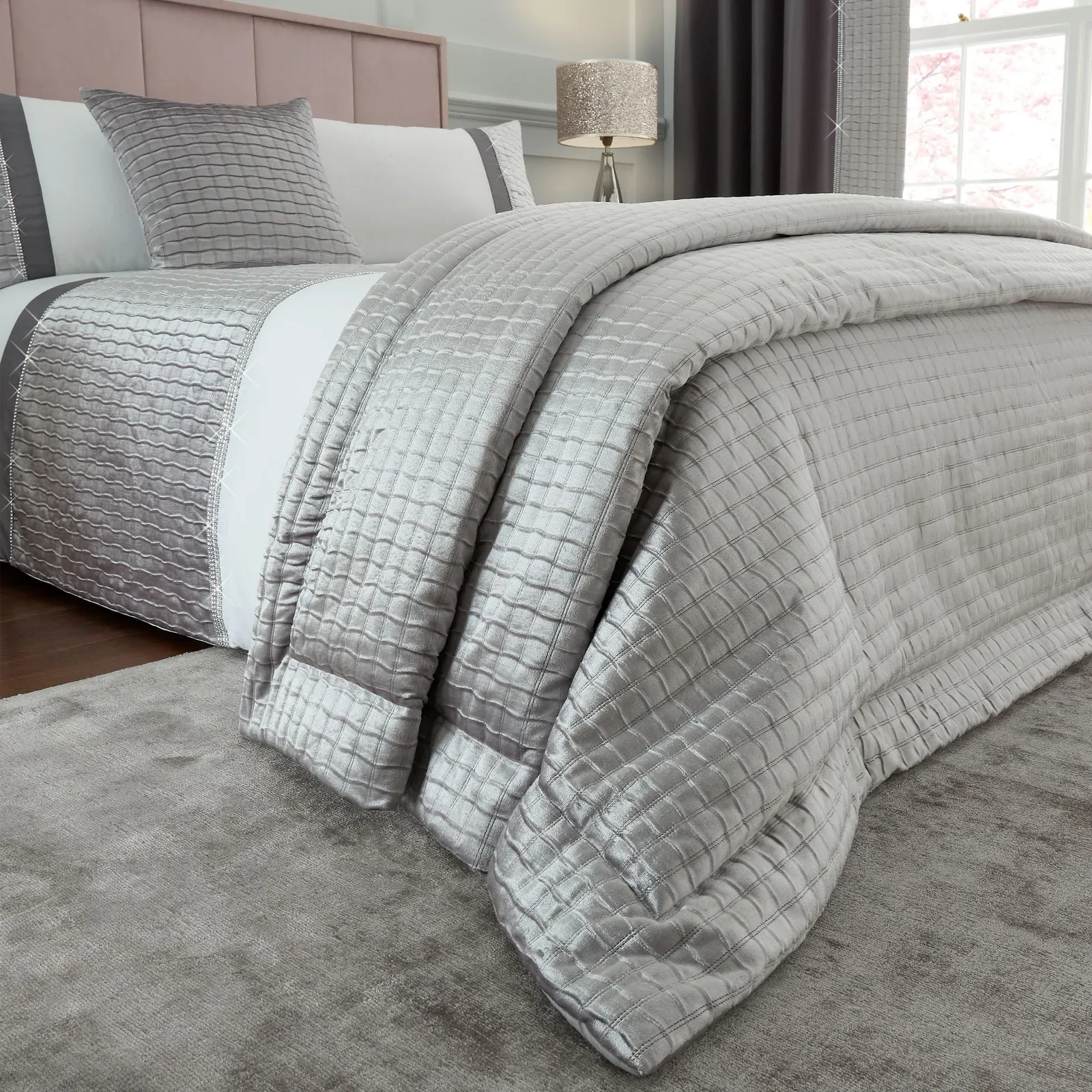 Catherine Lansfield Silver Shimmer Crushed Velvet Pinsonic Bedspread Silver