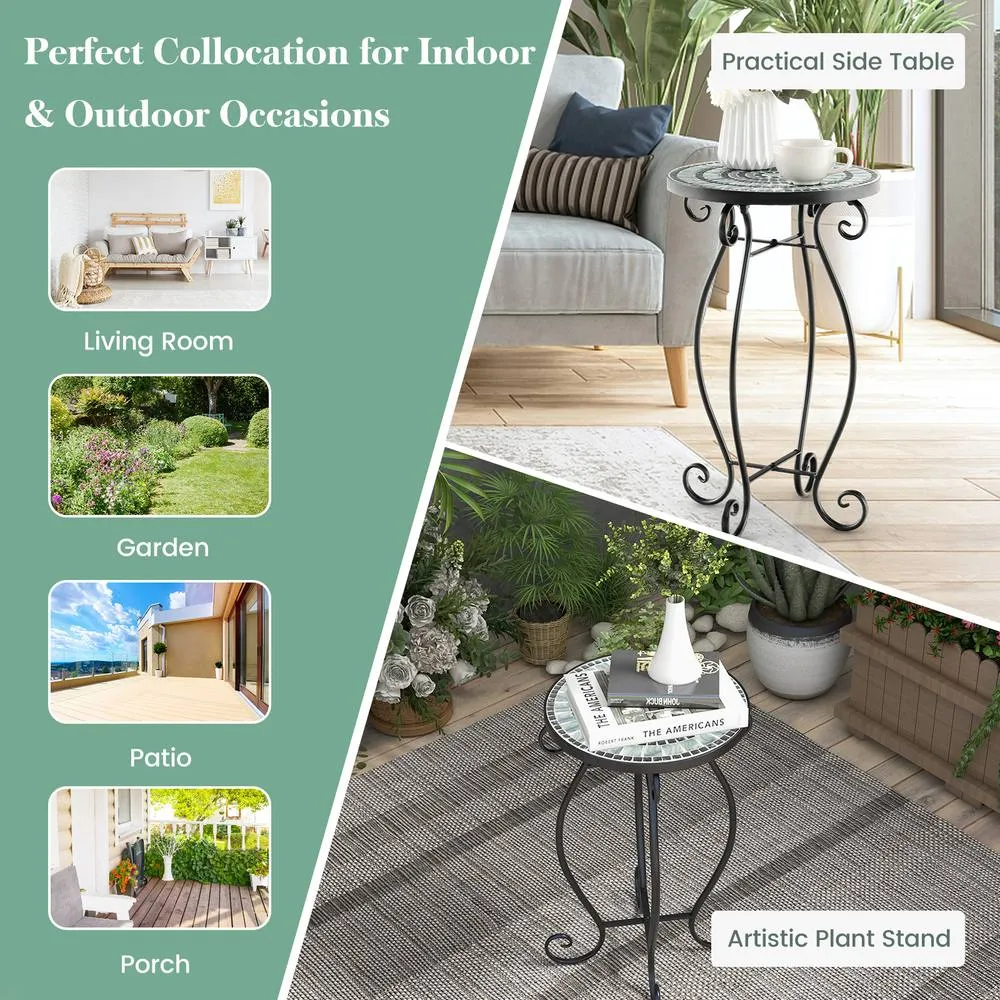 Costway Mosaic Outdoor Side Table Round End Table with Tile Tabletop in Black 6