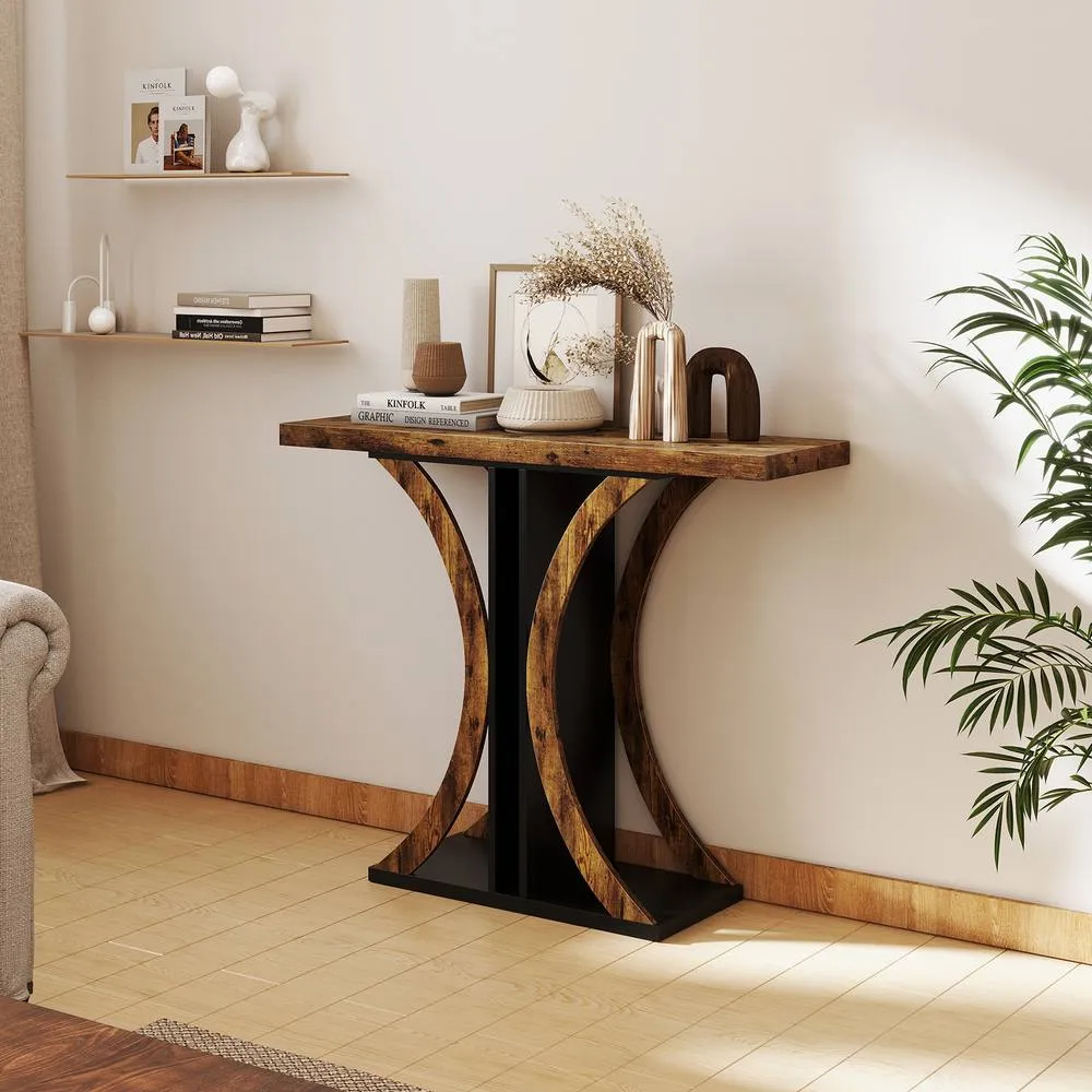 Costway 100 cm Rectangular Entryway Table with Geometric Frame in Brown 3