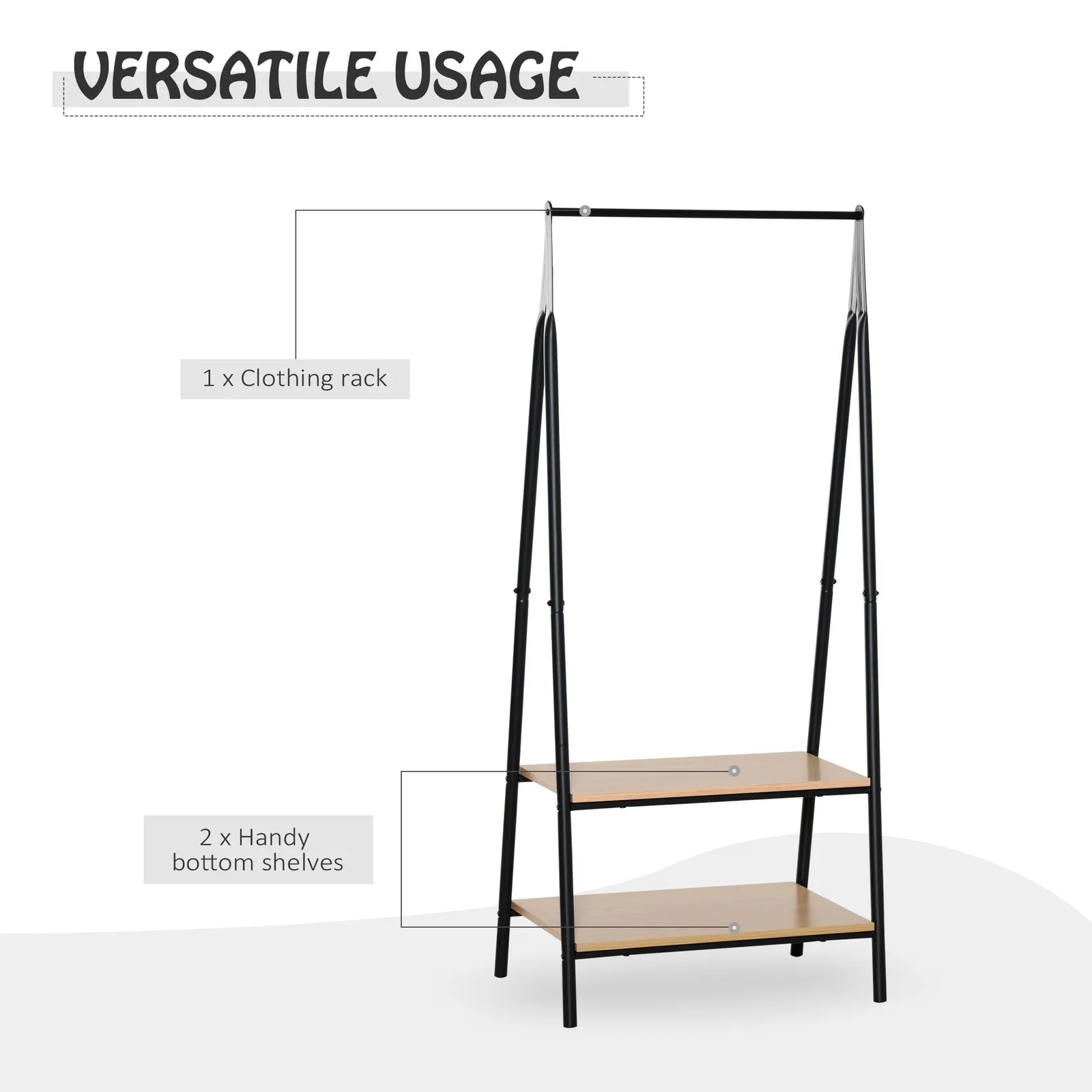 HOMCOM 2-Tier Garment Rack Storage Shelves Metal Coat Shoes Clothes Stand Open Wardrobe in Natural 4