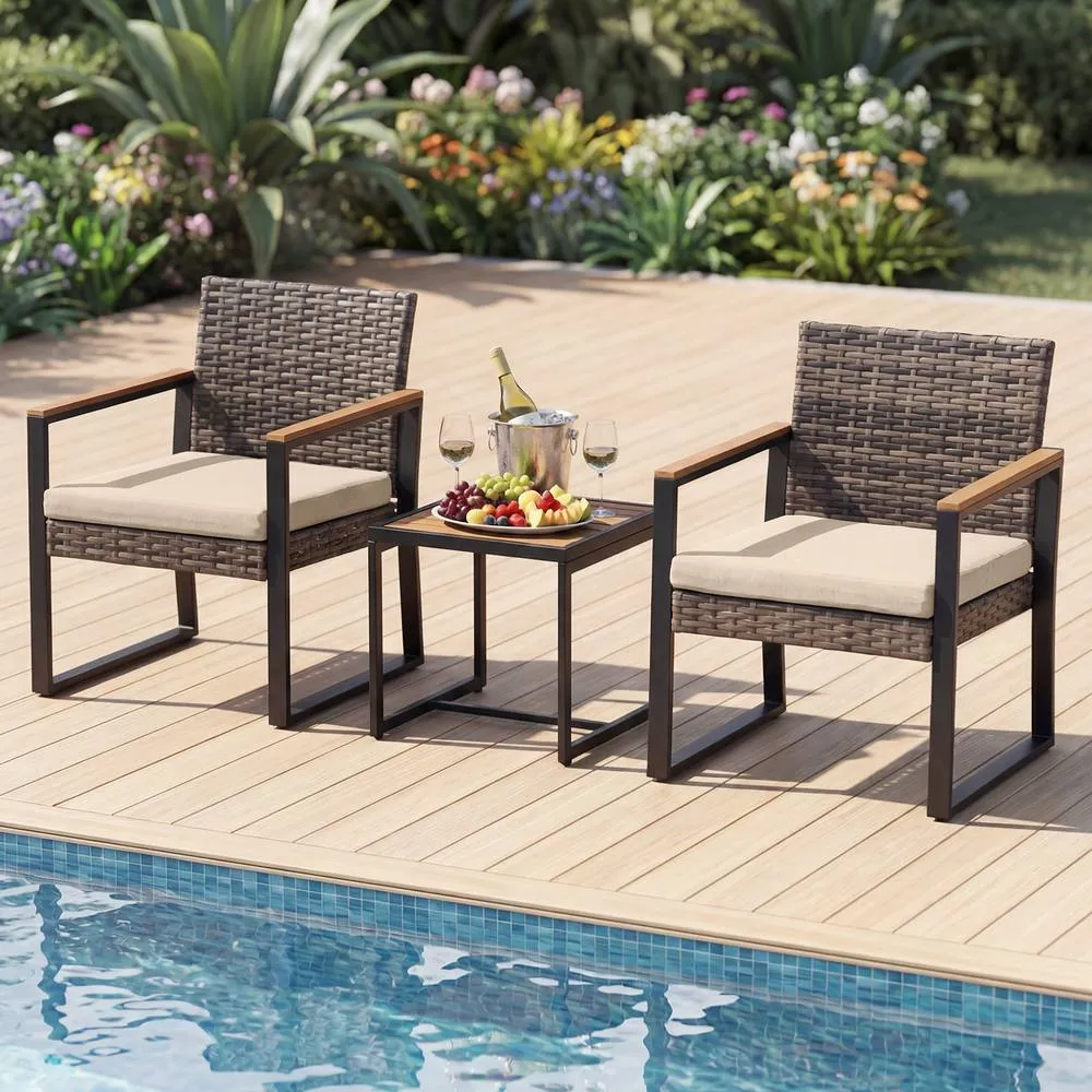 Costway 3PCS PE Wicker Patio Conversation Set Bistro Set w/Cushion &Side Table in Beige 5