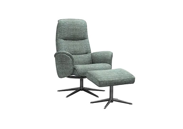 Falum Fabric Swivel Recliner Chair and Footstool with Black Base - Waffle Marine