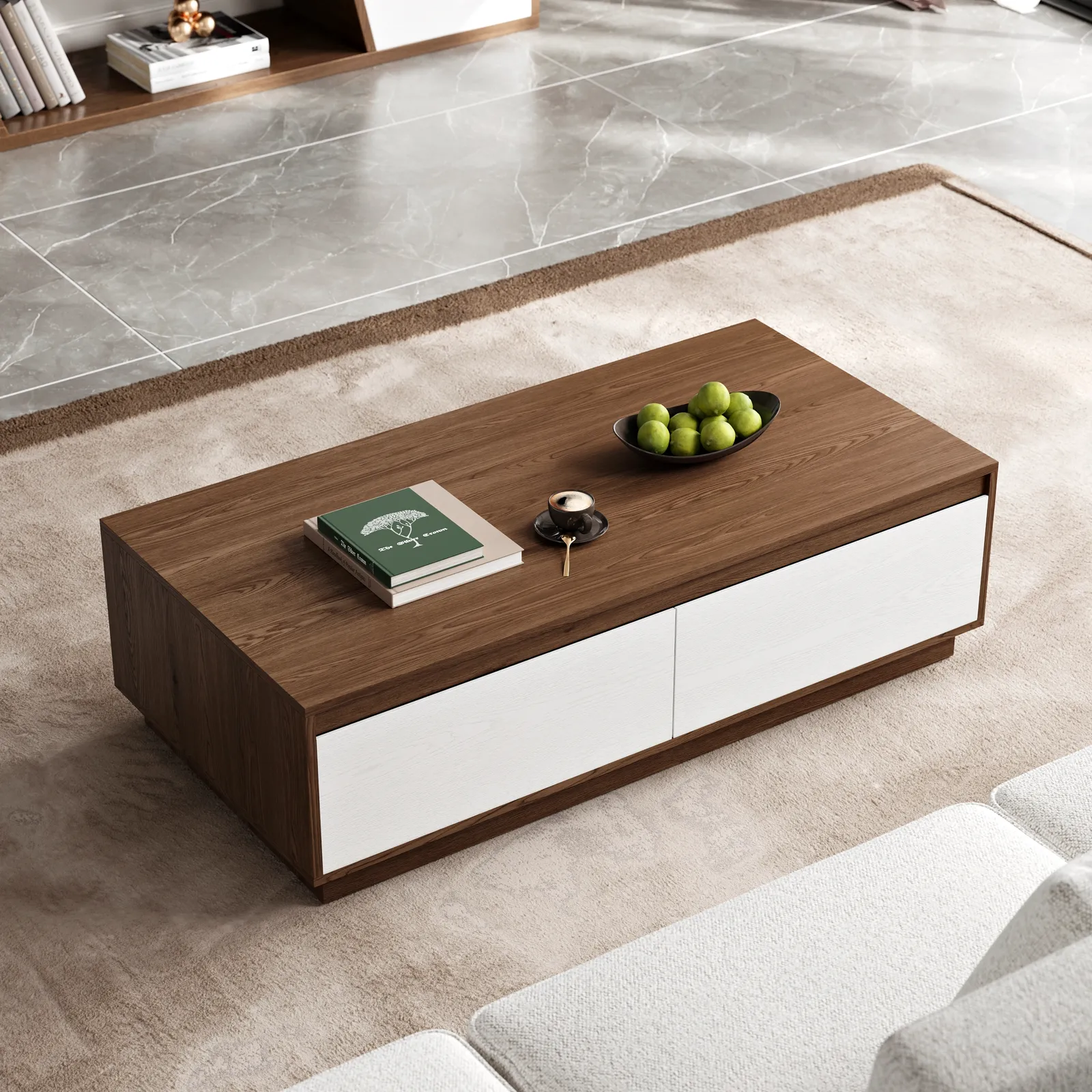 1200mm Mid Century Modern White & Walnut Coffee Table Rectangular Block Living Room Table with Storage