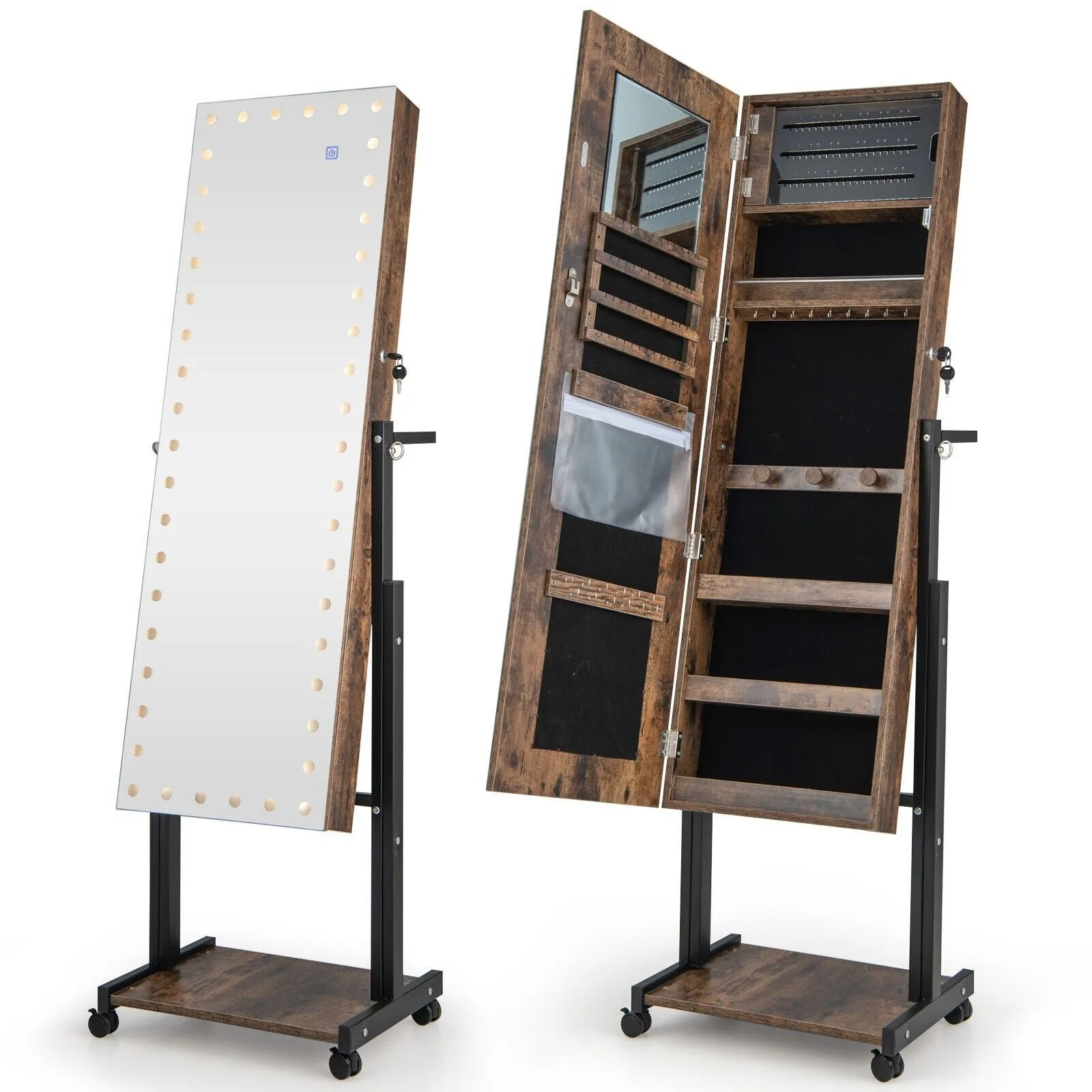 Costway Height Adjustable Jewelry Cabinet Standing Jewelry Armoire w/ 3-Color LED Mirror & Wheels in Brown 2