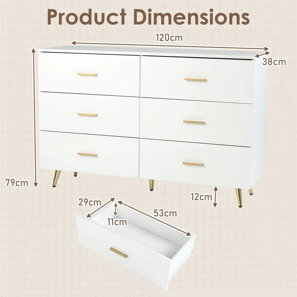Costway Modern 6 Drawer Dresser Wooden Wide Chest of Drawers in White 2