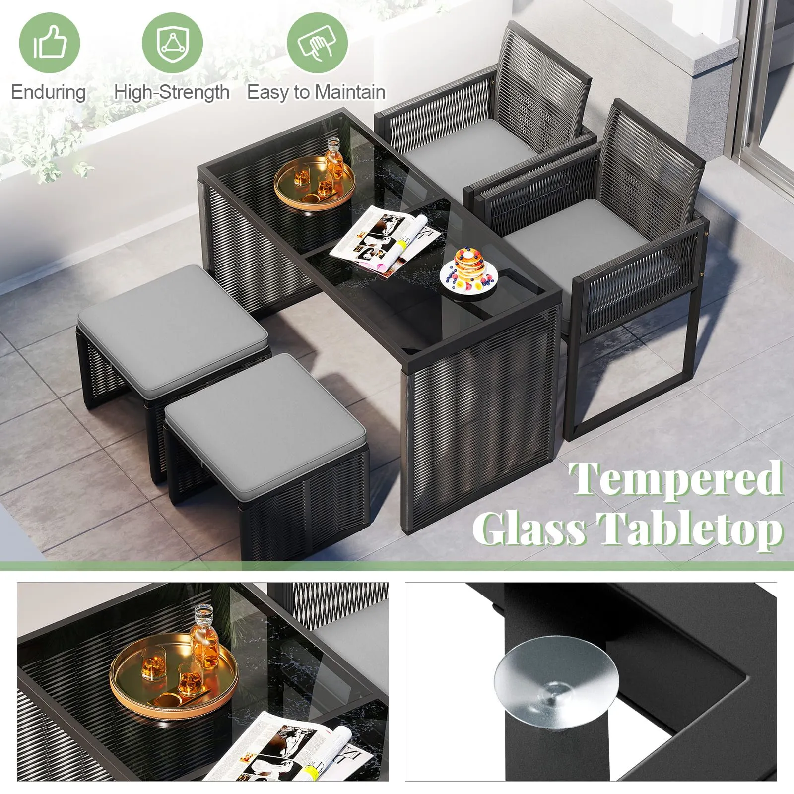Costway 5 Pieces Patio Dining Set Outdoor Conversation Set in Grey 4