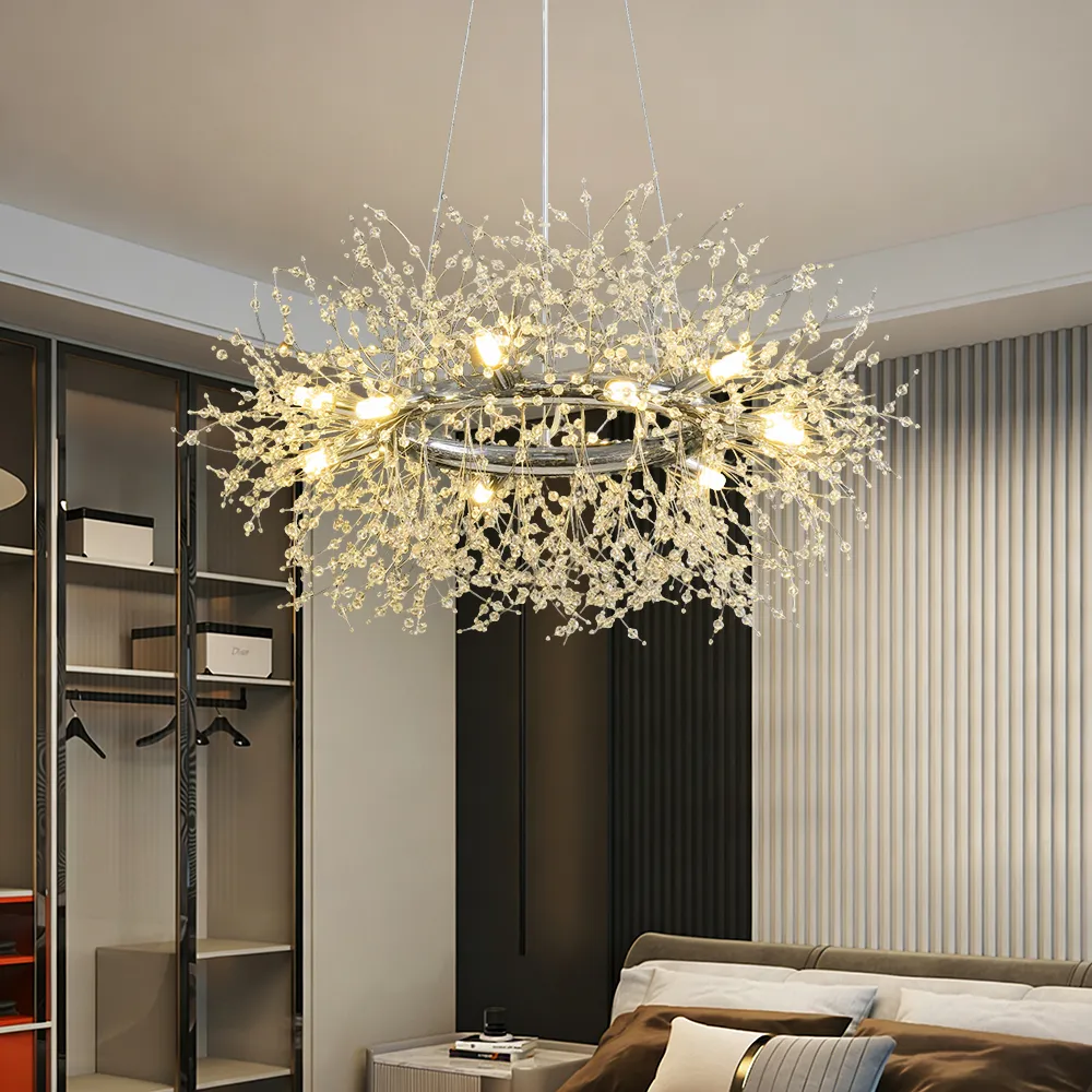 Mid Century Modern 12-Light Crystal Firework Sputnik Chandelier Pendant Ceiling Light