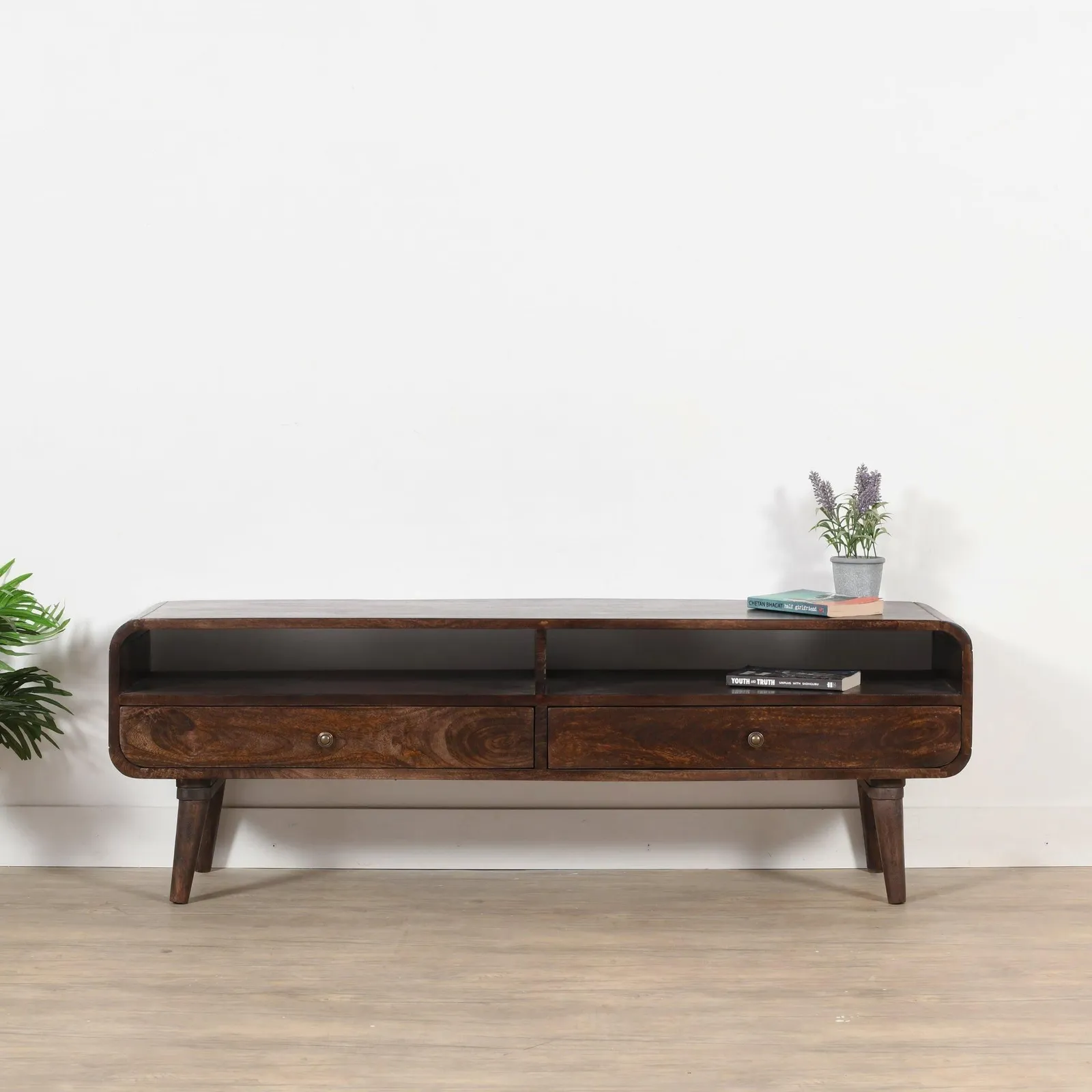IH Design Malena Dark Mango Wood Large TV Stand with 2 Drawers in Dark Brown