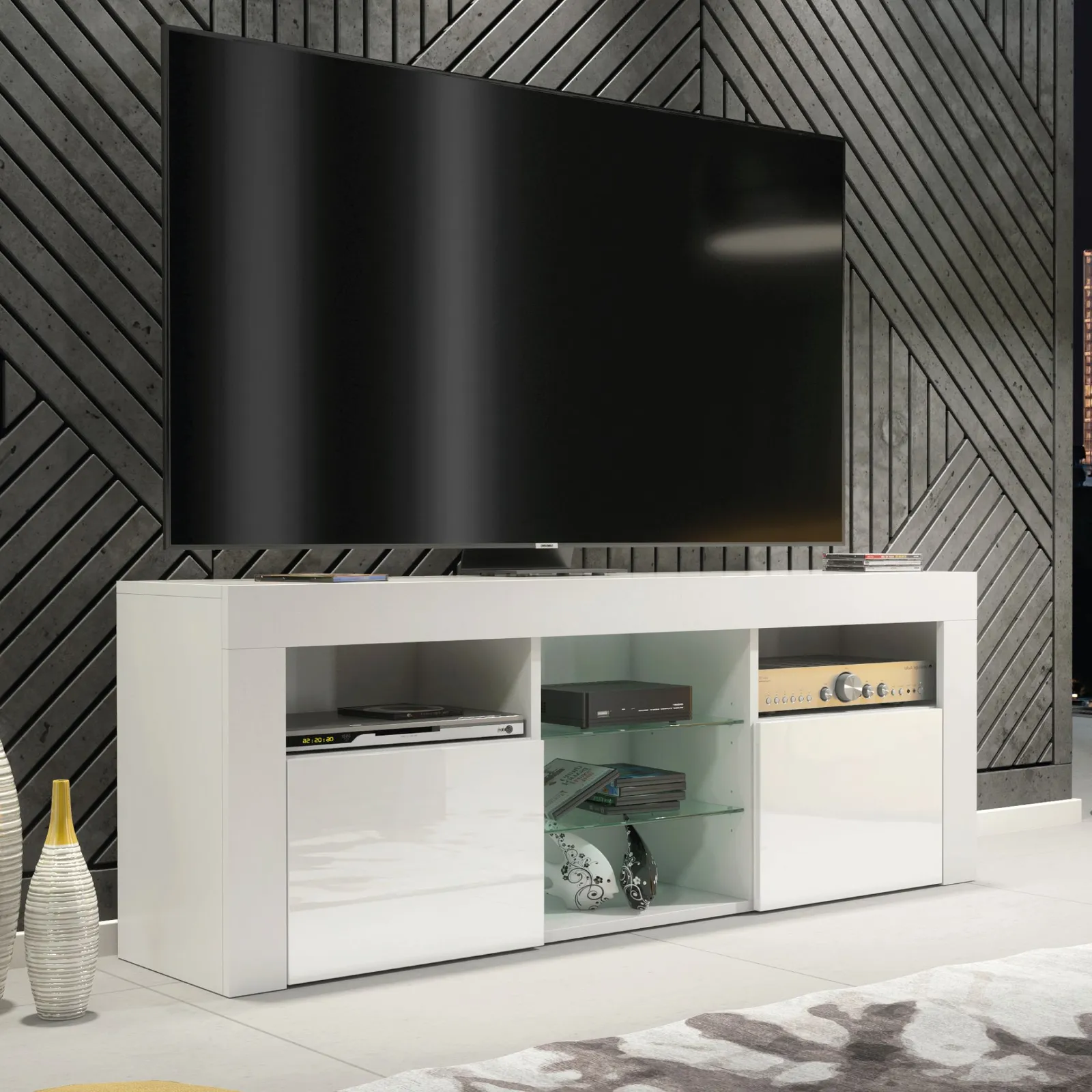 Creative Furniture TV Unit 145cm Modern - White with High Gloss Doors 6